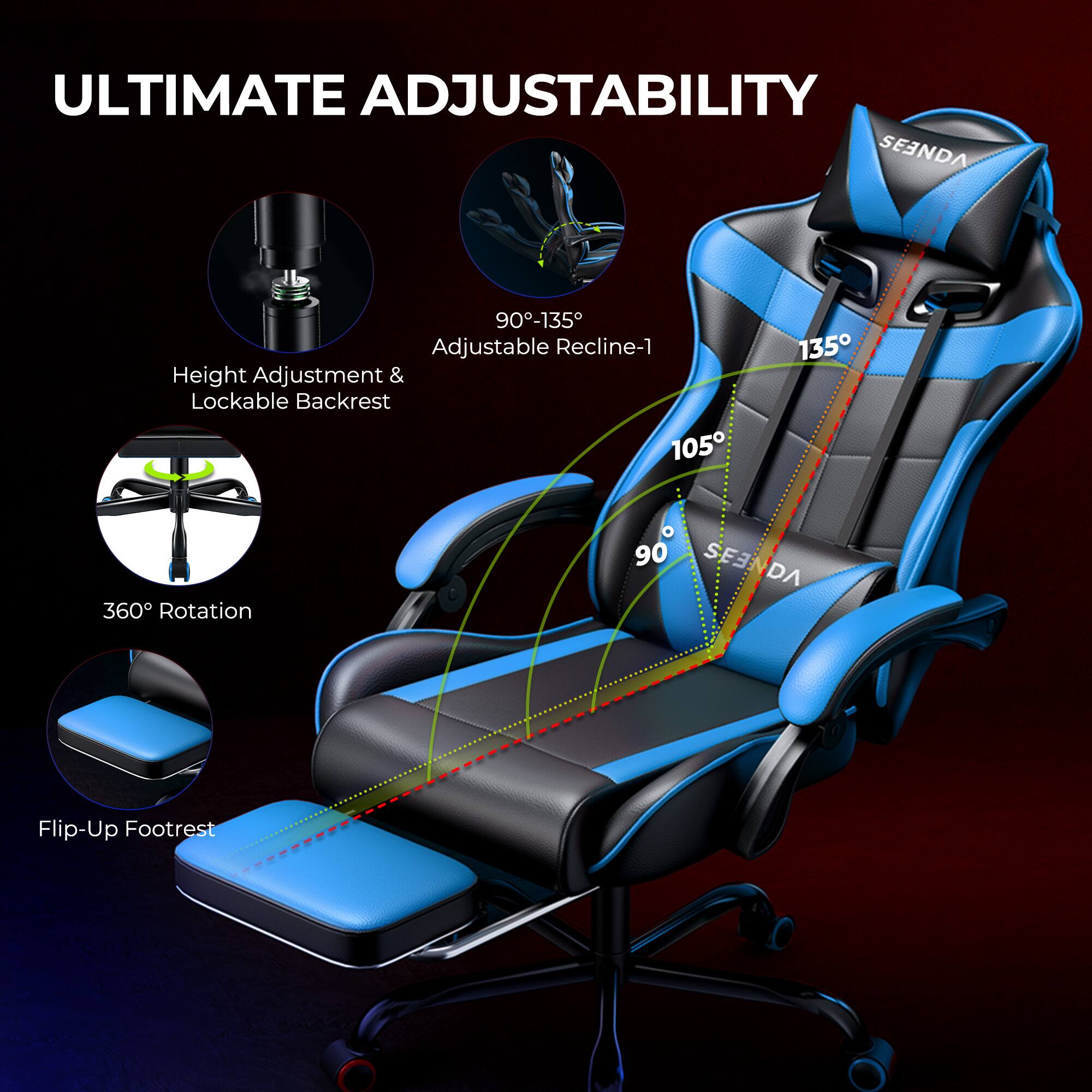 ULTIMATE ADJUSTABILITY

90°-135° Adjustable Recline-1
Height Adjustment & Lockable Backrest
360° Rotation
Flip-Up Footrest
