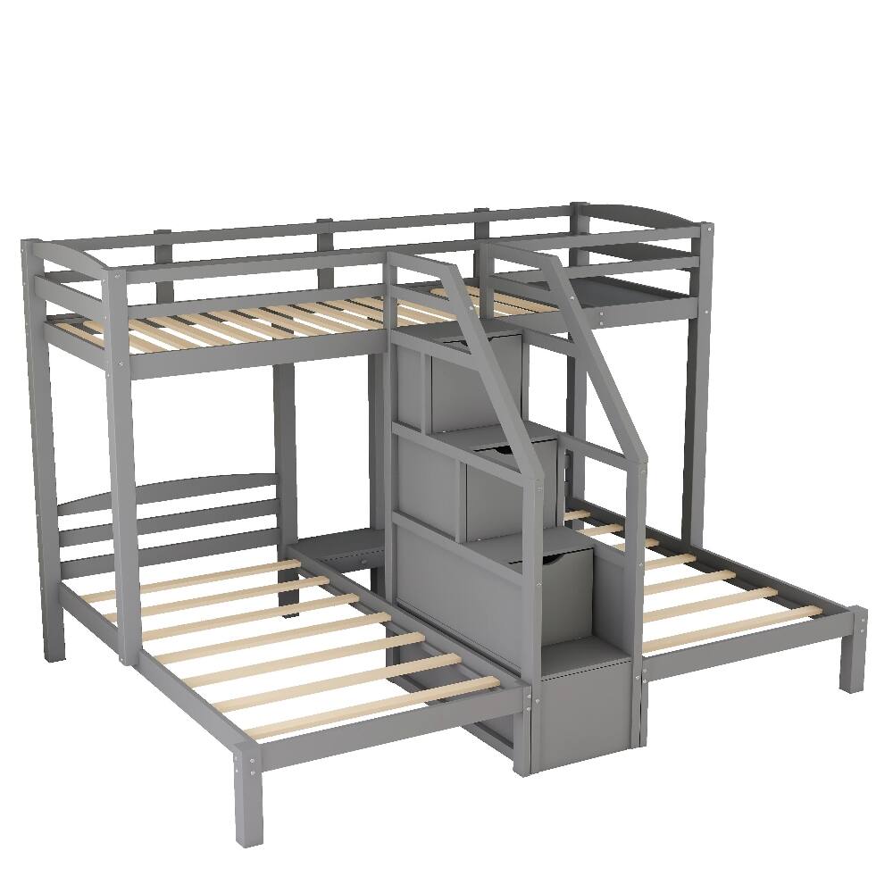 Alt View 4. Loheer - Loheer Twin over Twin Bunk Bed Triple Bunk Bed with Stairs Gray - Gray.
