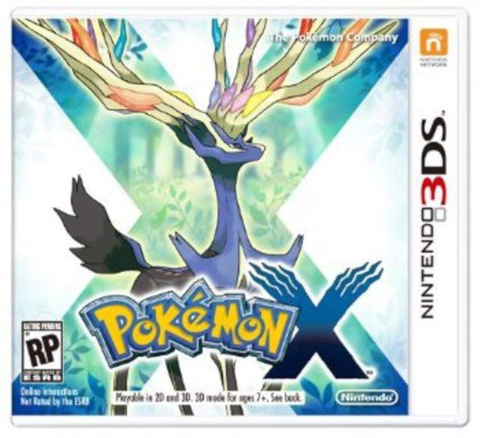 The Pokémon Company  
Nintendo 3DS  
Pokémon X  

Playable in 2D and 3D. 3D mode for ages 7+. See back.  
Rated RP (Rating Pending)  
Content Interactions:  
Net Enabled by the ESRB  

Nintendo