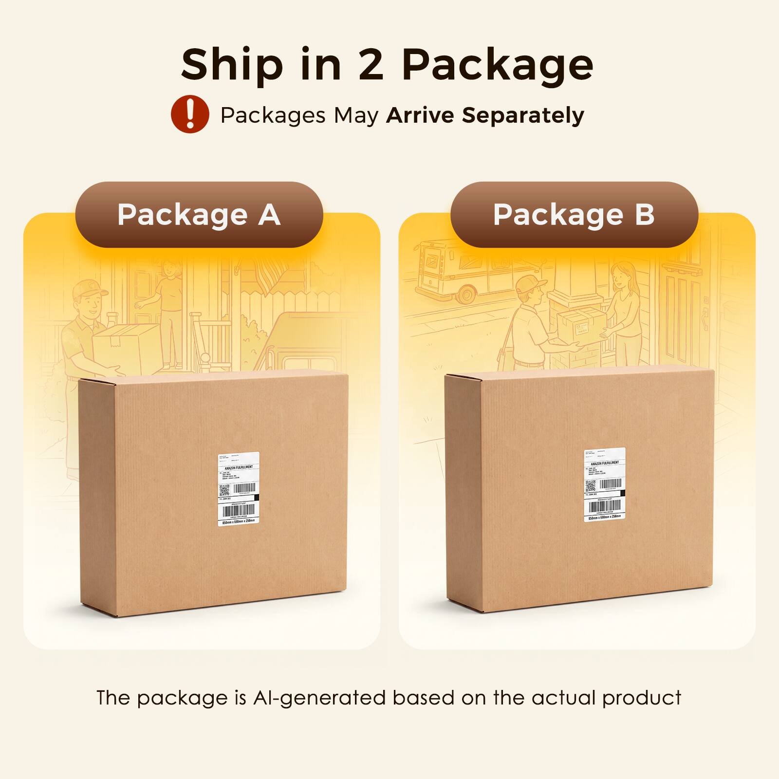 Ship in 2 Package  
! Packages May Arrive Separately  

Package A  
Package B  

The package is AI-generated based on the actual product