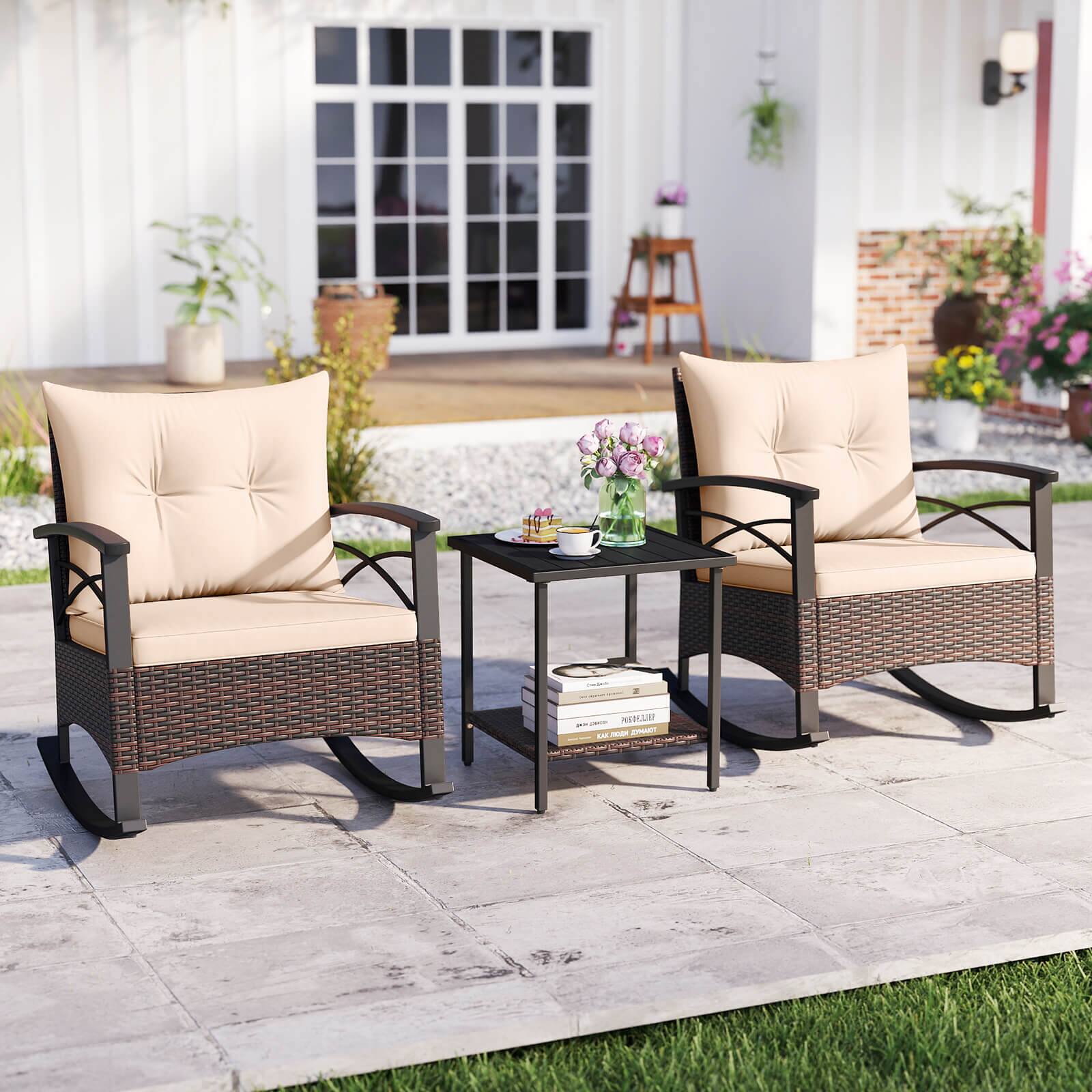 Alt View 3. Costway - Costway 3 PCS Rattan Rocking Chair Set with Acacia Wood Tabletop Armrests for Porch Balcony - Mix Brown,Beige.