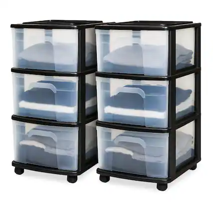 Front. Homz - Homz Plastic 3 Drawer Medium Storage Tower, Clear Drawers & Black Frame (2 Pack).
