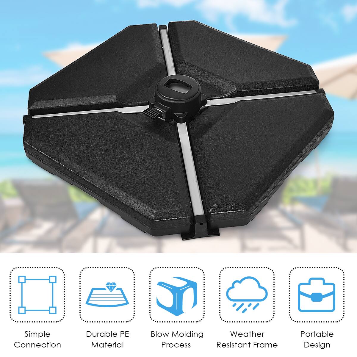 The text on the image is grouped as follows:

1. Simple Connection: This refers to the ease of connecting the umbrella to its base.
2. Durable PE Material: The umbrella is made of durable polyethylene material.
3. Blow Molding: The umbrella is made using blow molding technology.
4. Weather Process Resistant Frame: The umbrella frame is designed to be resistant to weather conditions.
5. Portable Design: The umbrella is portable and can be easily carried around.

The corrected text would be:

The umbrella is made of durable polyethylene material and features a blow molding technology. It has a weather-resistant frame and is designed to be portable. The umbrella is simple to connect to its base, making it a convenient and practical choice for outdoor use.