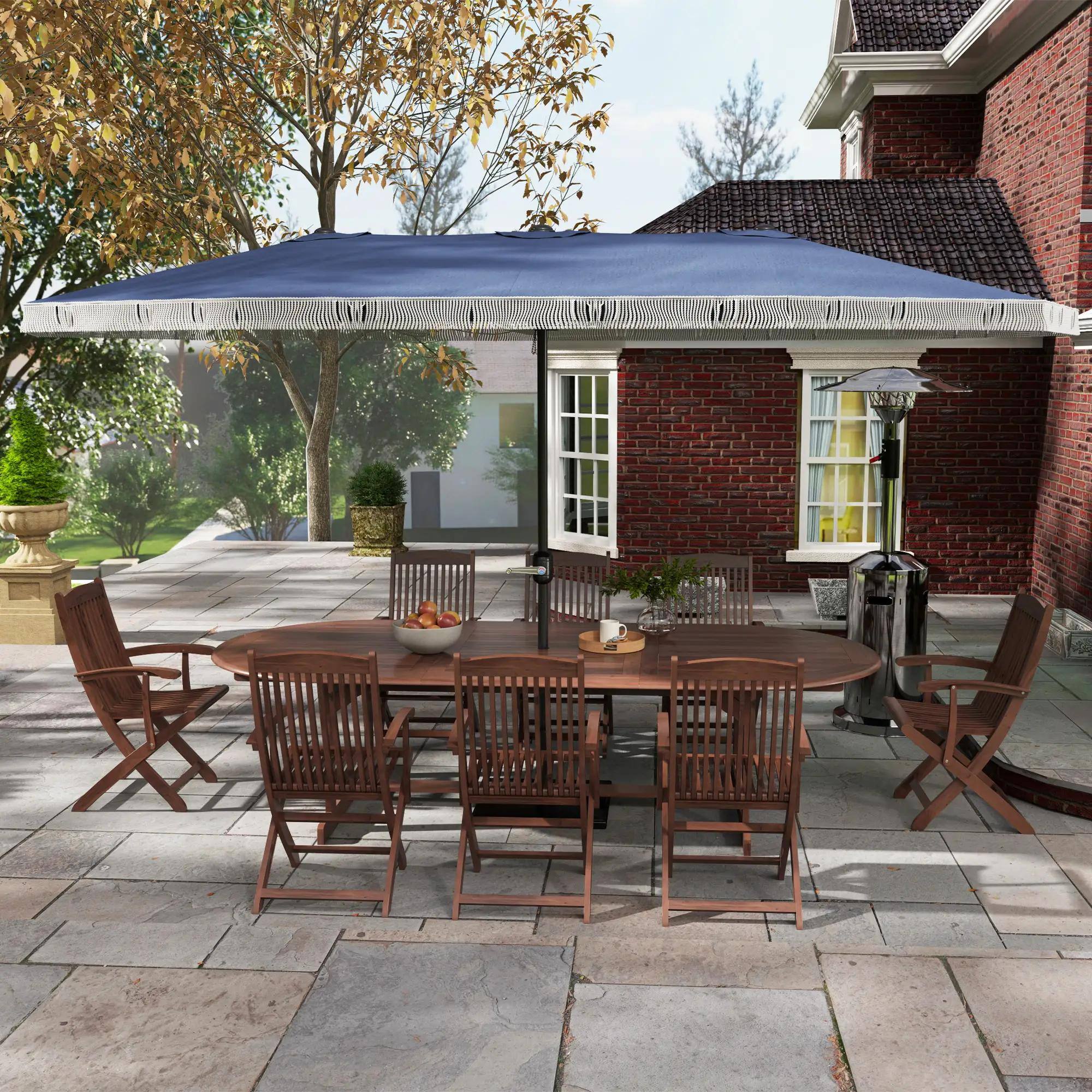 Alt View 4. Spaco - Spaco 15Ft Rectangular Patio Umbrella, UPF30 Plus Fringe Shade with Crank - Blue.