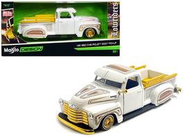 Maisto - 1950 Chevrolet 3100 Pickup Truck Lowrider White with Graphics and Gold Wheels "Lowriders" Series 1/25 - White And Gold