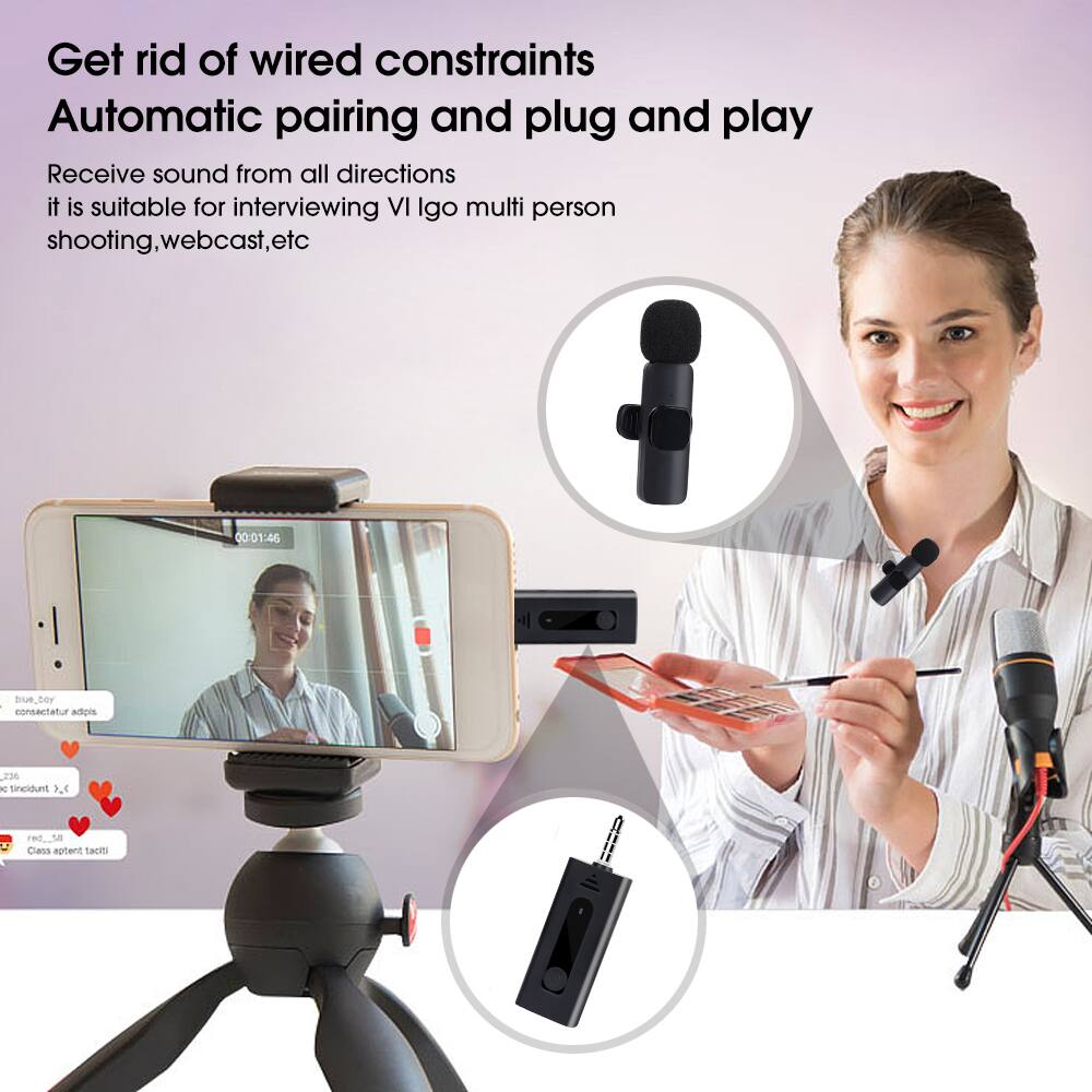 Get rid of wired constraints  
Automatic pairing and plug and play  

Receive sound from all directions  
It is suitable for interviewing, VI Igo multi person shooting, webcast, etc
