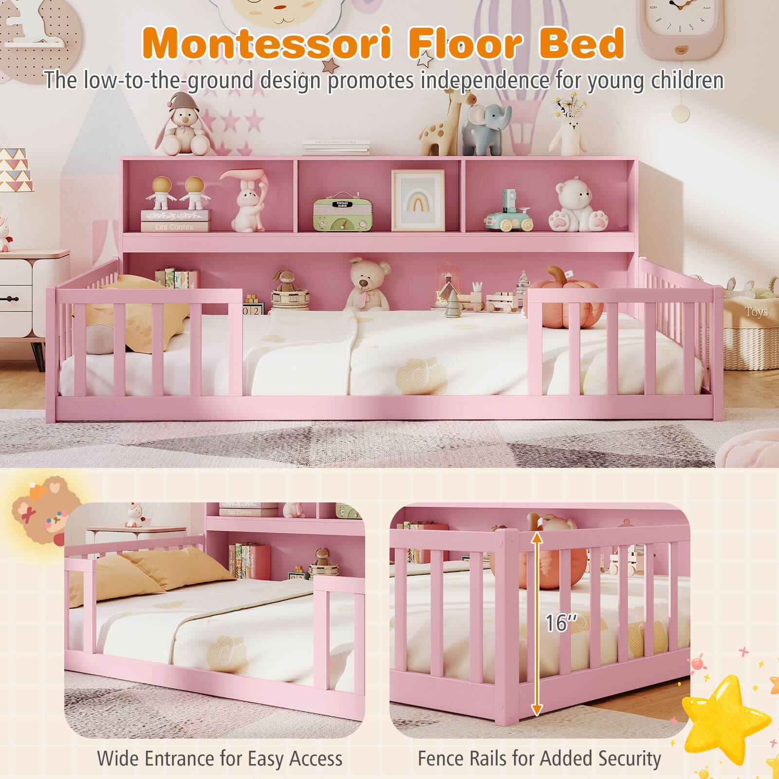 Alt View 8. Costway - Costway Full Size Montessori Floor Bed with Bookcase Storage Shelves & Safety Fence Rails - Pink.