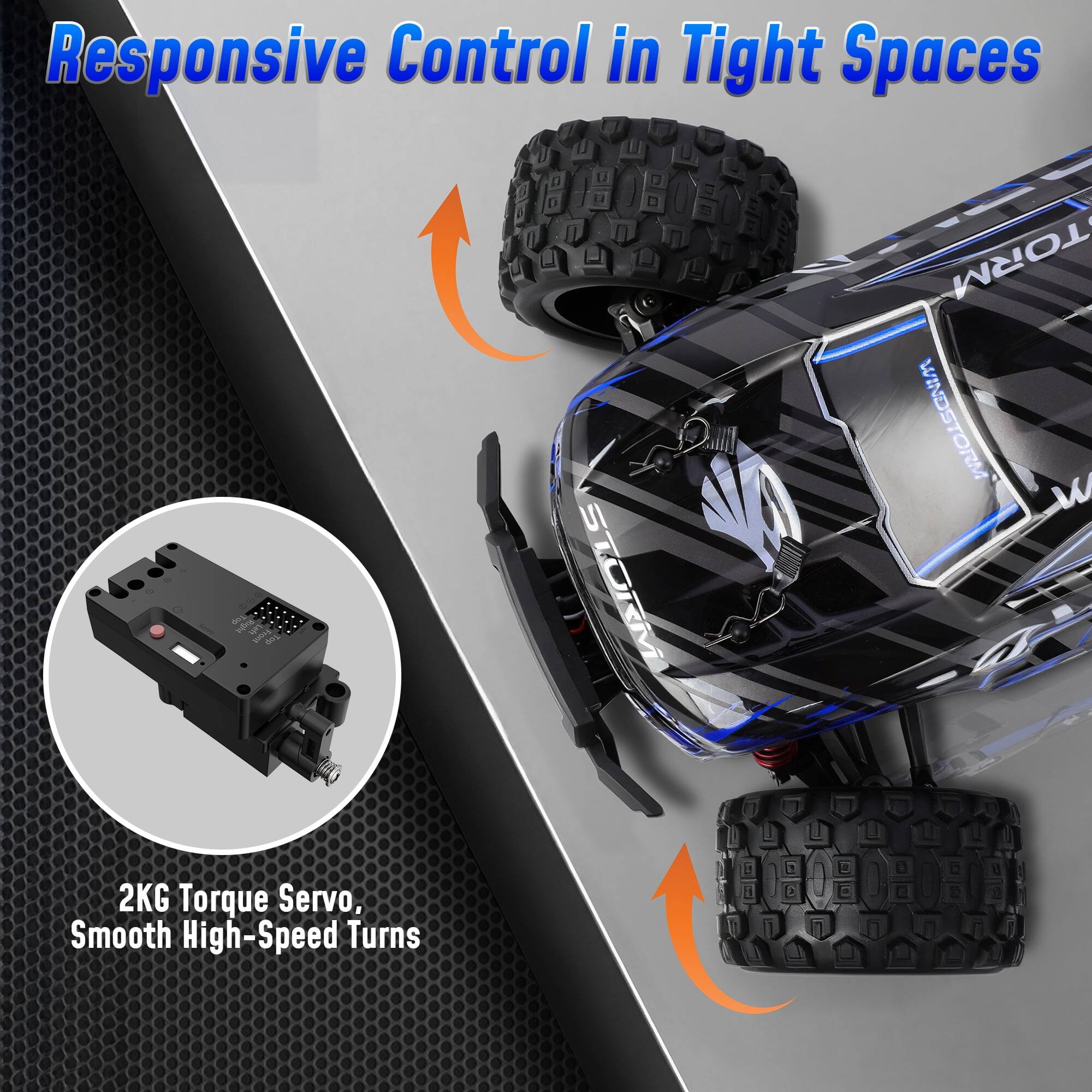 Responsive Control in Tight Spaces  
TORM WINDSTORM  
Top Right Front Top  
STORM  
2KG Torque Servo, Smooth High-Speed Turns