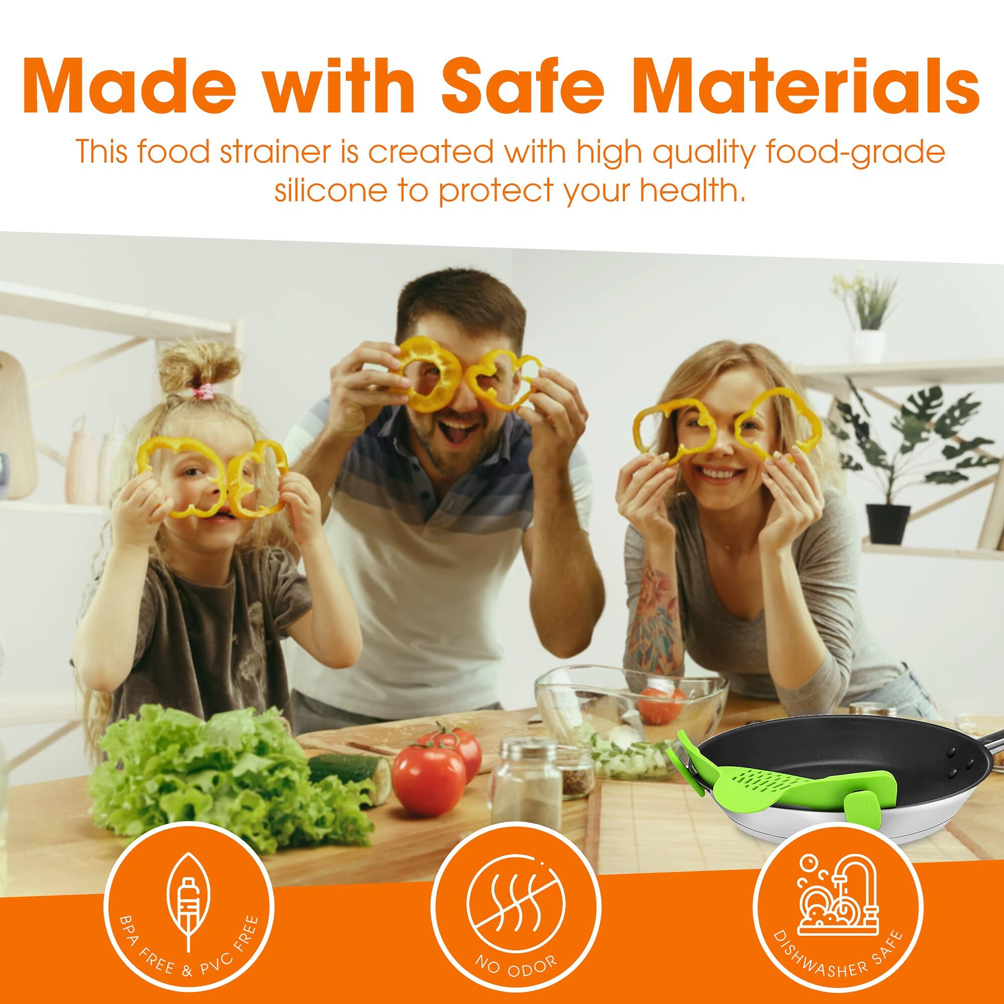 Made with Safe Materials  
This food strainer is created with high quality food-grade silicone to protect your health.  

BPA FREE & PVC FREE  
NO ODOR  
DISHWASHER SAFE