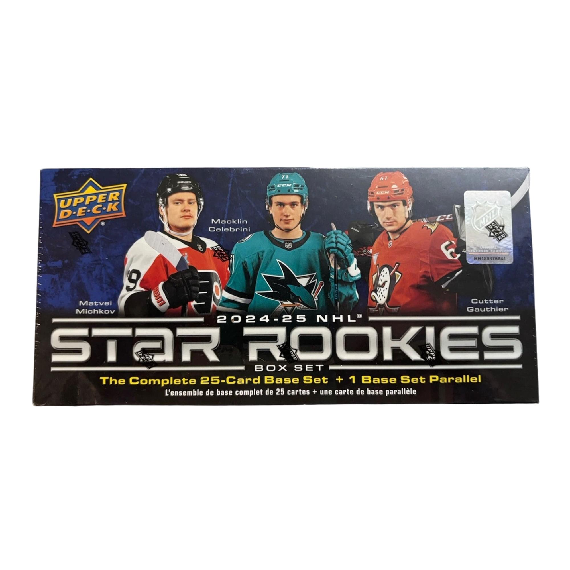 Upper Deck  
2024-25 NHL  
STAR ROOKIES  
BOX SET  
The Complete 25-Card Base Set + 1 Base Set Parallel  
L'ensemble de base complet de 25 cartes + une carte de base parallèle  

Matvei Michkov  
Macklin Celebrini  
Cutter Gauthier