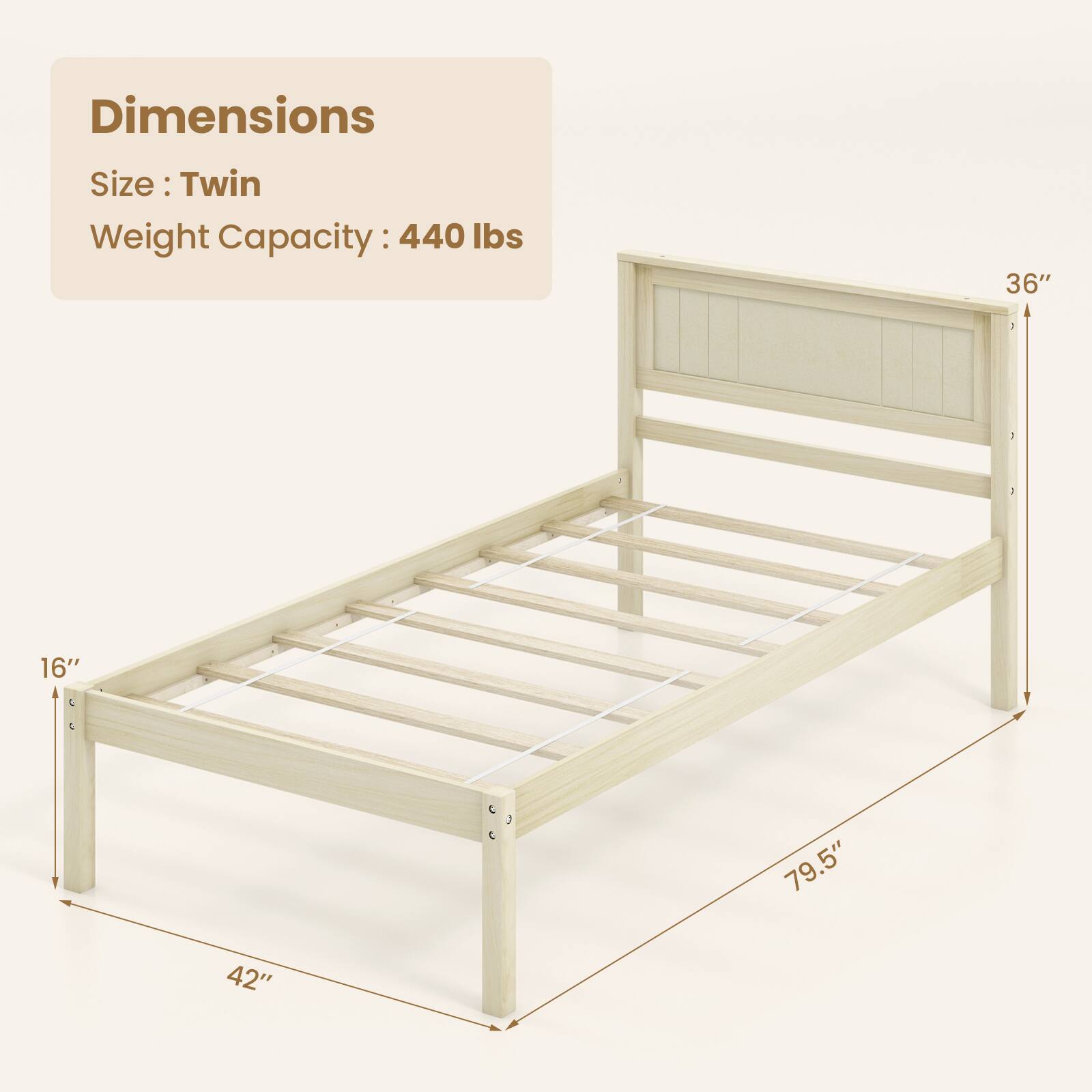 Dimensions
Size: Twin
Weight Capacity: 440 lbs
36"
16"
79.5"
42"