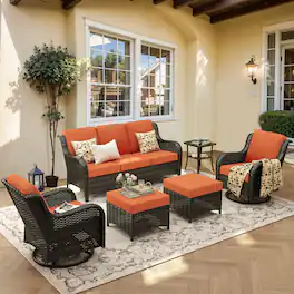 Ovios - 6 PCS Outdoor Patio Furniture Set with High Back Sofa, Ottoman & Swivel Chairs - Orange Red(Brown Wicker)