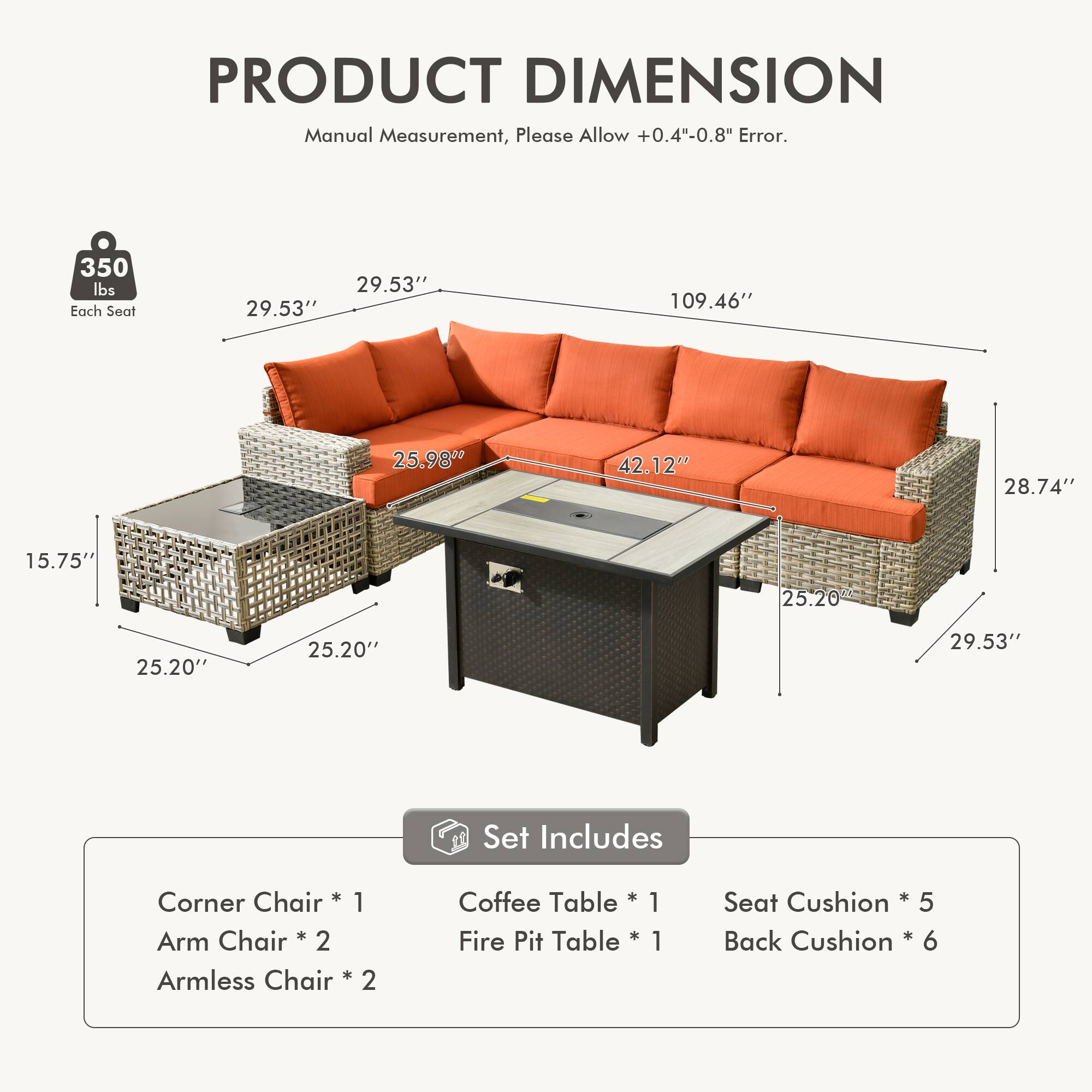 Alt View 1. Ovios - 7 PCS Patio Sectional Furniture with 42" Fire Pit Table Rattan Wicker Coversation Couch Set - Orange Red.