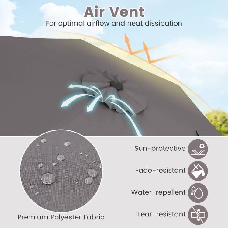 Air Vent  
For optimal airflow and heat dissipation  

Sun-protective  
Fade-resistant  
Water-repellent  
Premium Polyester Fabric  
Tear-resistant