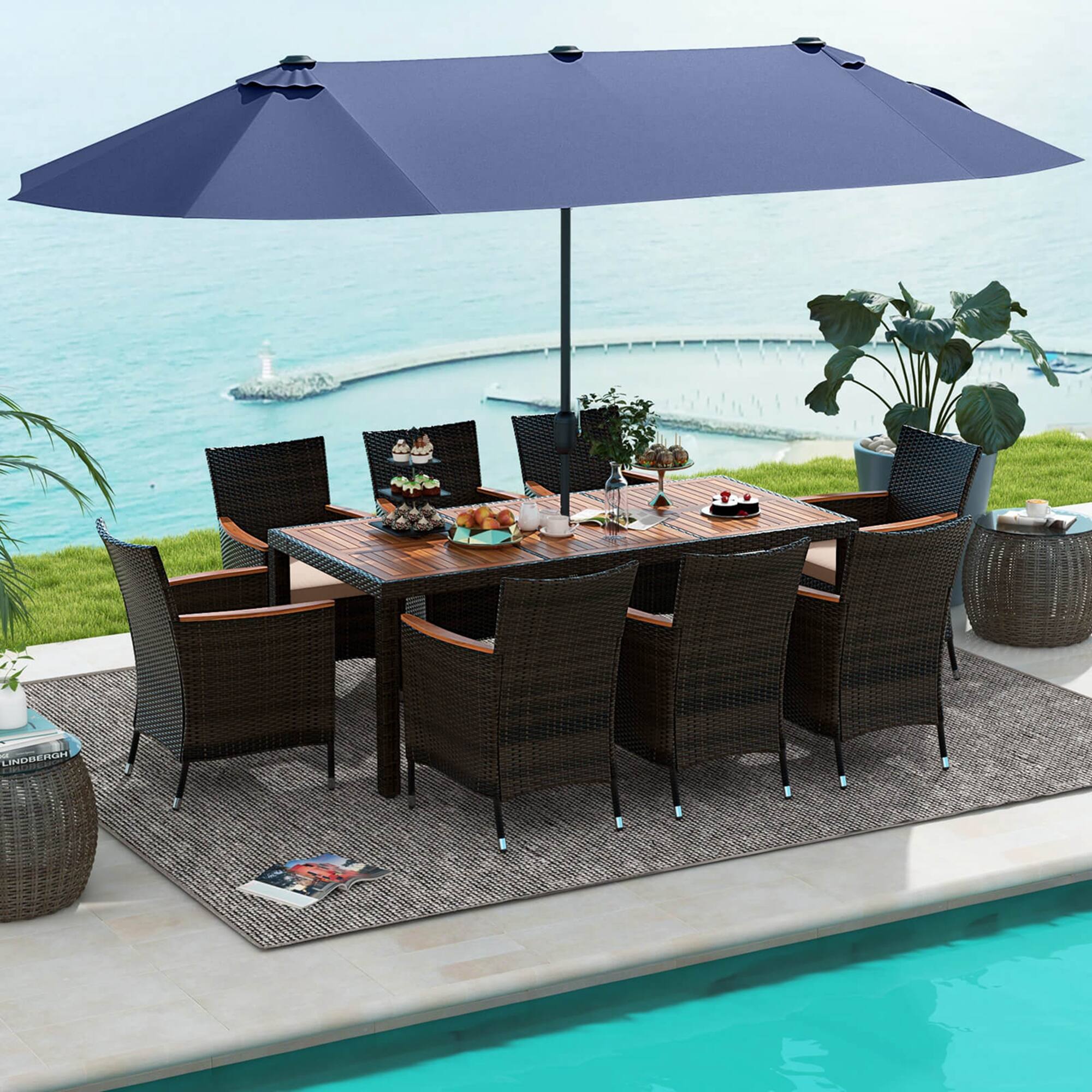 Alt View 1. Costway - 11 PCS Patio Dining Set with 15ft Double-Sided Patio Umbrella (Base Included) - Mix Brown + Navy.