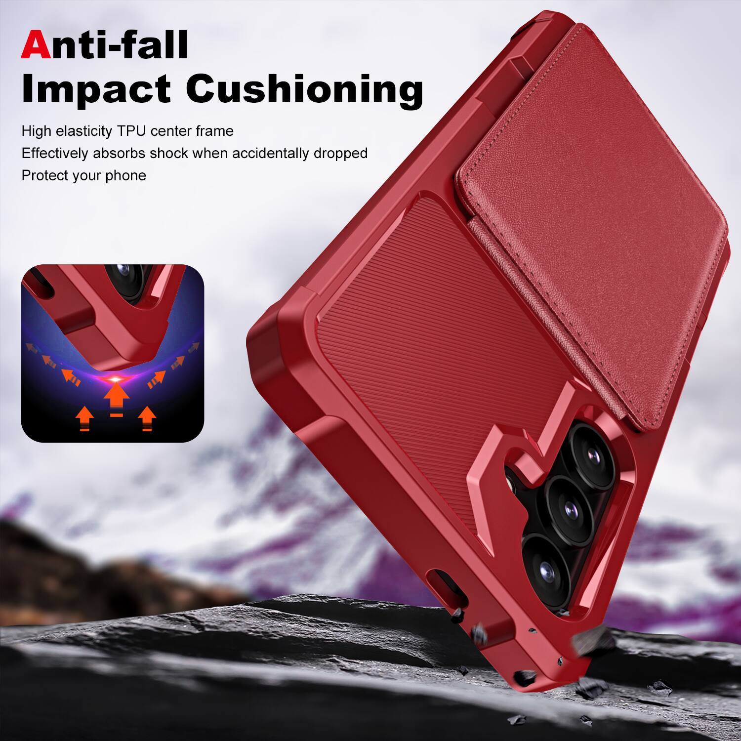 Anti-fall Impact Cushioning

High elasticity TPU center frame
Effectively absorbs shock when accidentally dropped
Protect your phone
