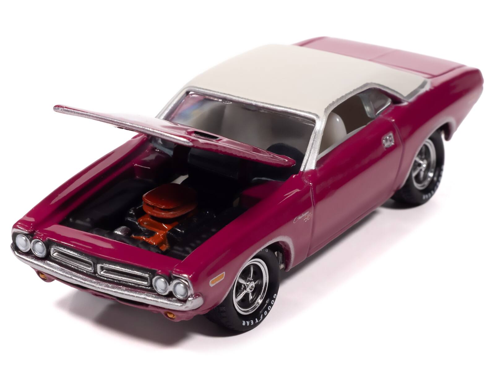 Alt View 2. Johnny Lightning - 1971 Dodge Challenger R/T Panther Pink with White Top and Interior 1/64 Diecast Model Car by Johnny Lightning.