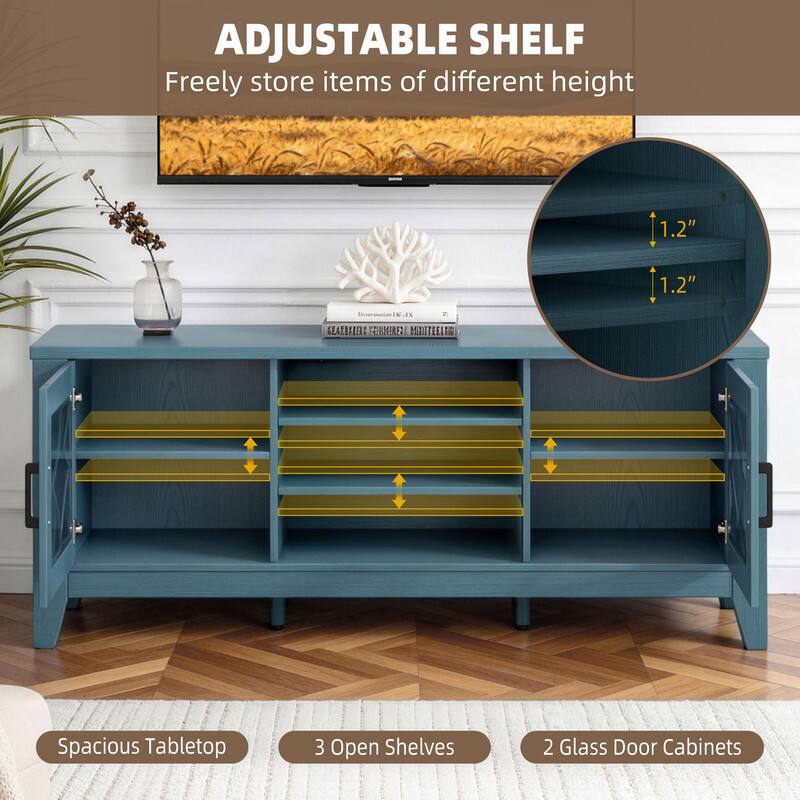 ADJUSTABLE SHELF  
Freely store items of different height

1.2"  
1.2"  

IN AX  
2,  
GEAEBALING TRAMEREIL MIRATEELRO  

Spacious Tabletop  
3 Open Shelves  
2 Glass Door Cabinets