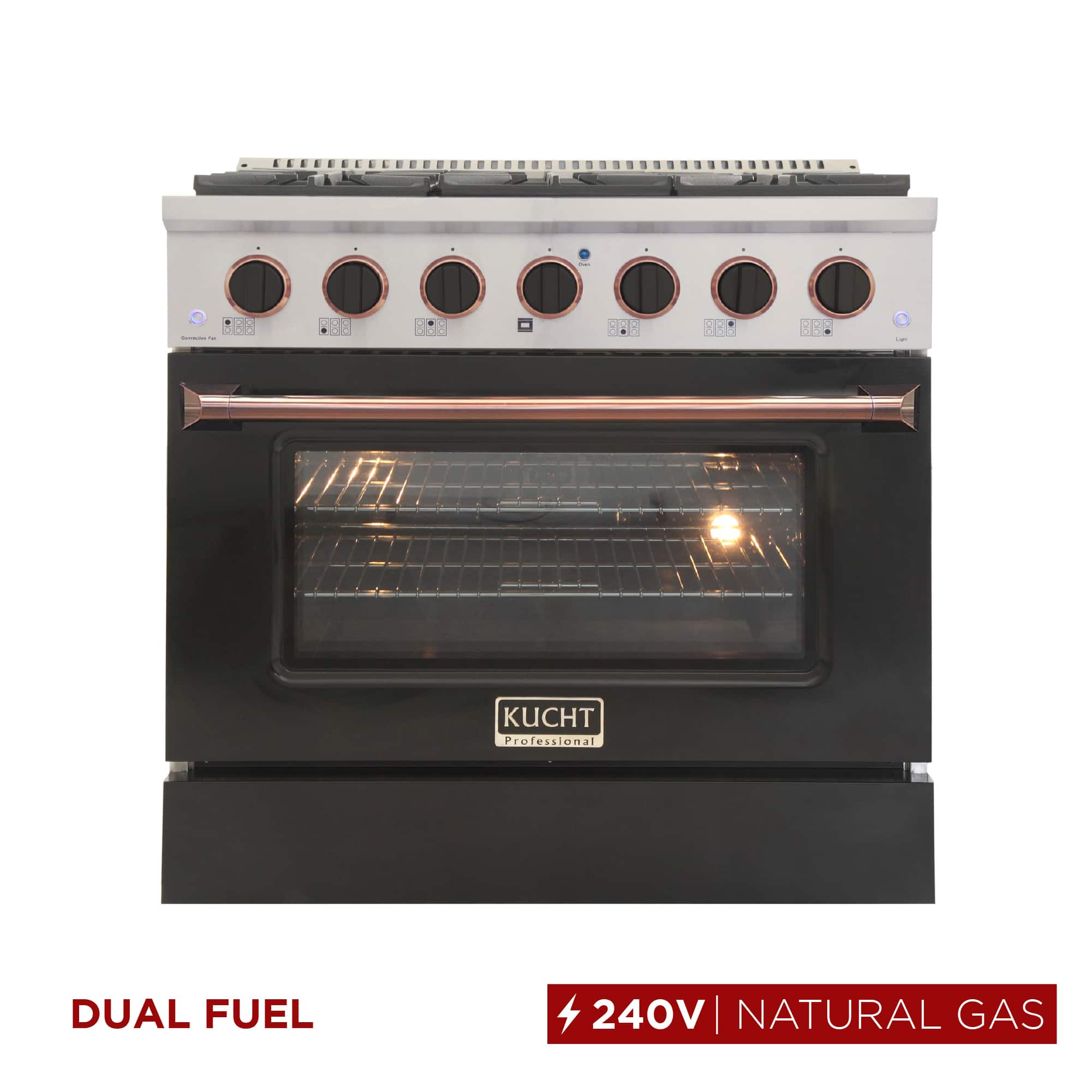 Kucht - 36" Dual Fuel Range for NG, SS/Black Door, Black Knobs, Rose Gold Handle & Rings, Convection Oven - Black & Rose Gold