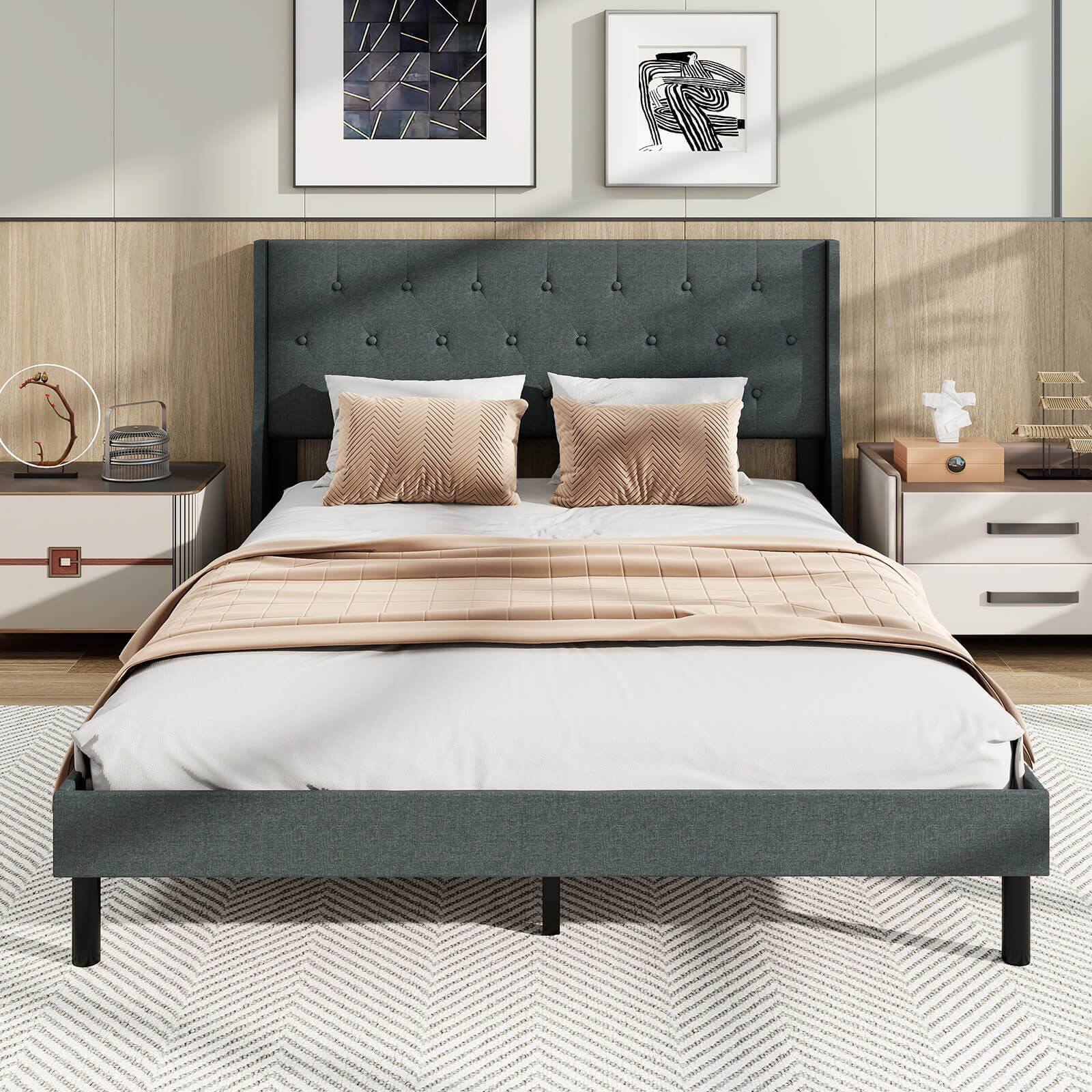 Alt View 5. Costway - Costway Queen Size Bed Frame Linen Upholstered Mattress Foundation with Wooden Slats - Dark Gray.