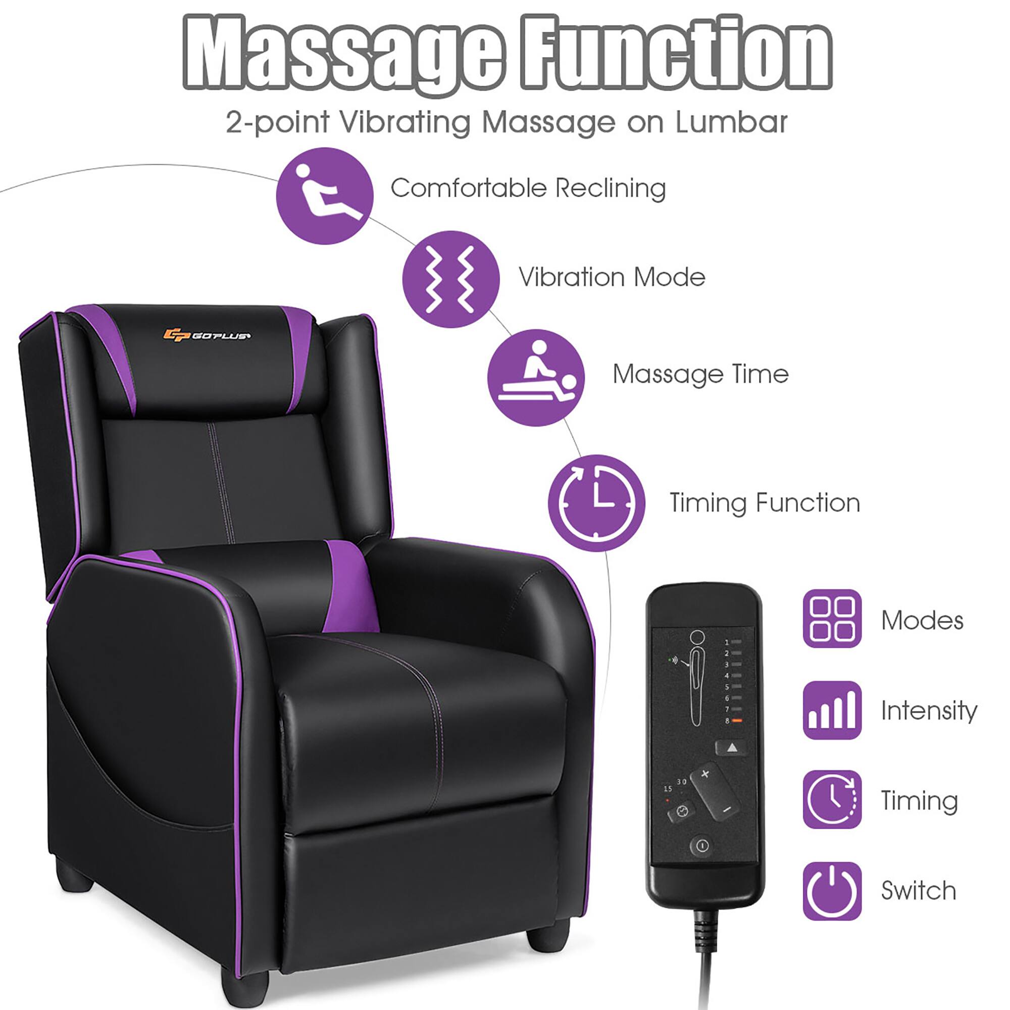 Massage Function: 2-point Vibrating Massage on Lumbar
Comfortable Reclining: Yes
Vibration Mode: 5
GOPLUE SOPLUE: Yes
Massage Time: Yes
Timing Function: Yes
Modes: 1
Intensity: 1
Switch: Yes