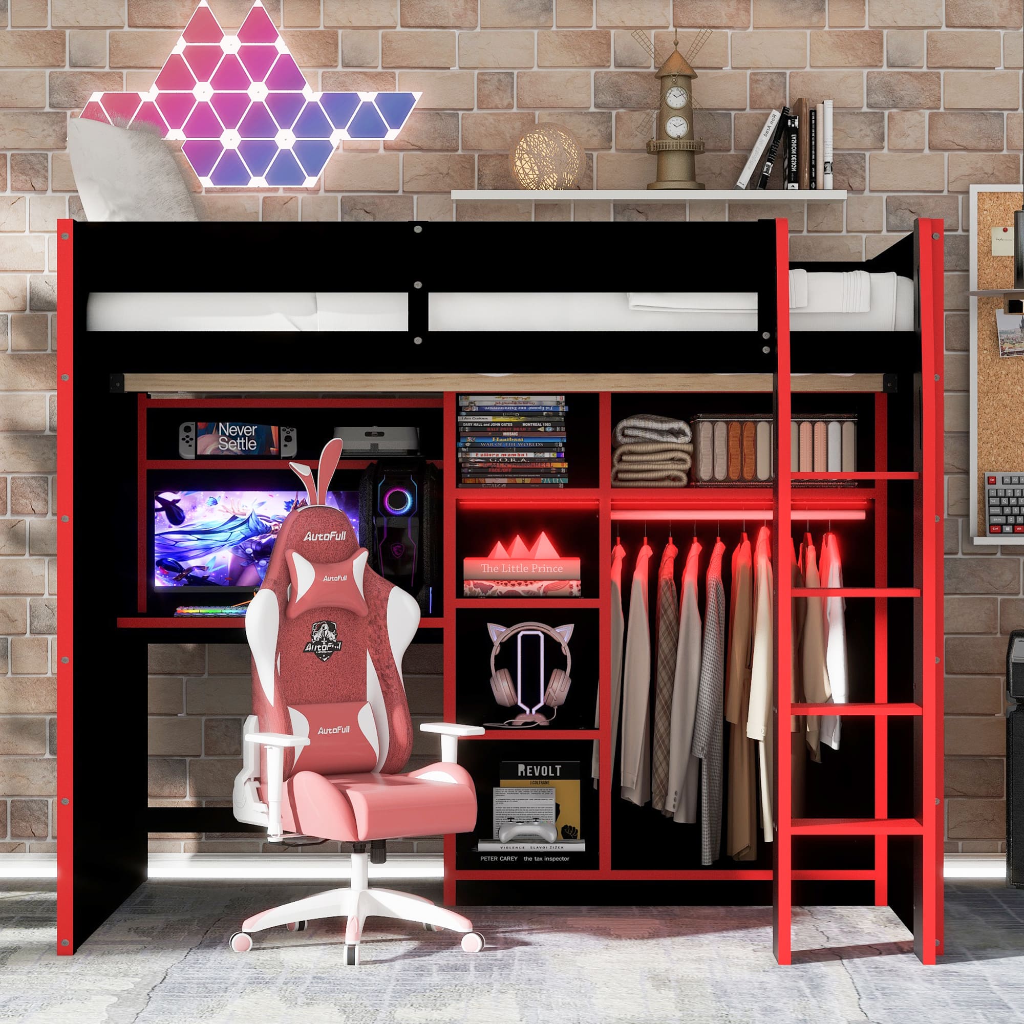 Anysun - Full Size Wood Loft Bed with Desk,Open Wardrobe,Storage Compartments and RGB Lights - Red
