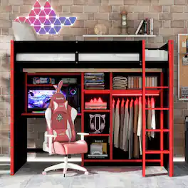 Anysun - Full Size Wood Loft Bed with Desk,Open Wardrobe,Storage Compartments and RGB Lights - Red