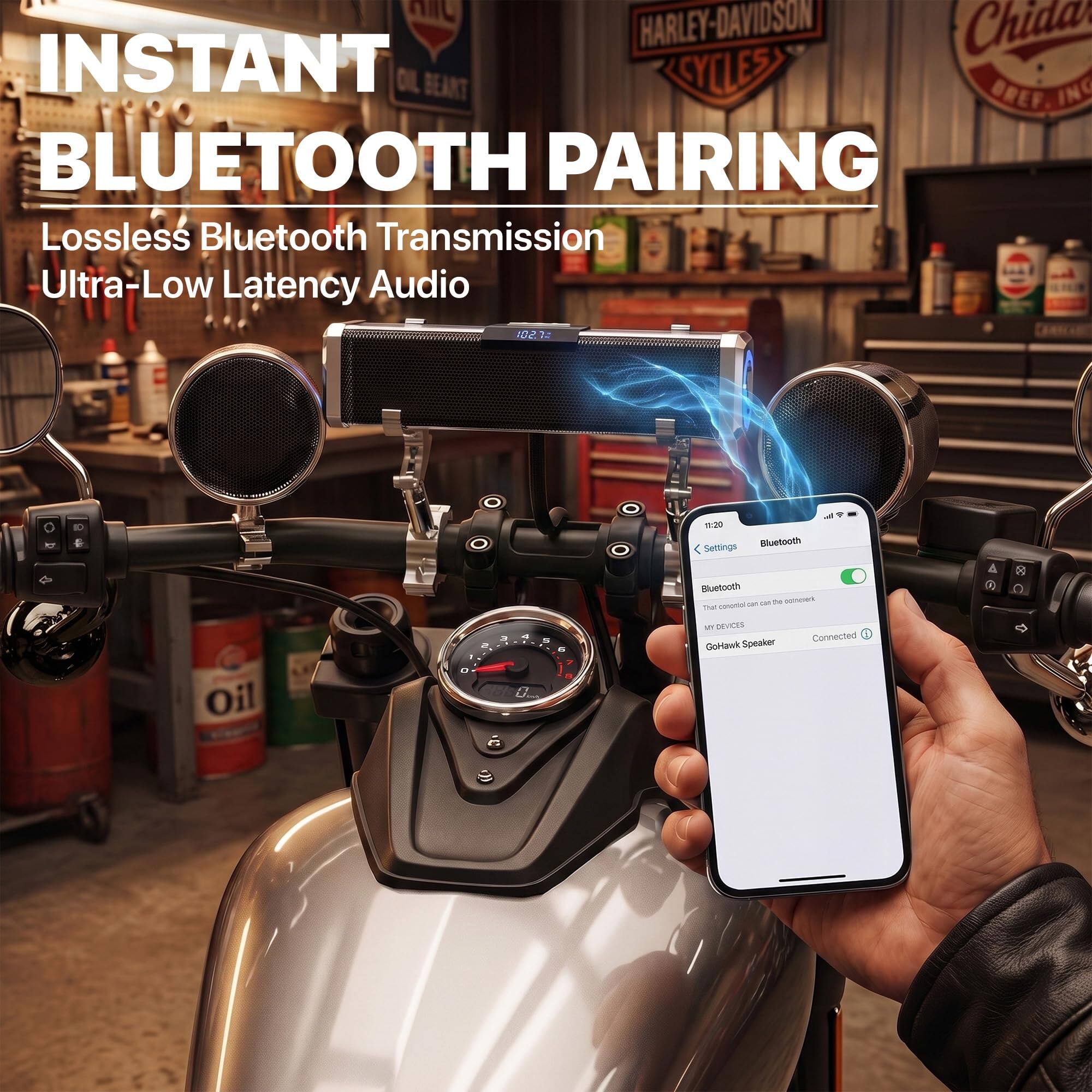 HARLEY-DAVIDSON Chida INSTANT BLUETOOTH PAIRING Lossless Bluetooth Transmission Ultra-Low Latency Audio

102.7
Oil
1 O

3
4
N
6 y
11:20 Settings Bluetooth Bluetooth can the notnows That conomiol MY DEVICES Speaker Connected GoHawk