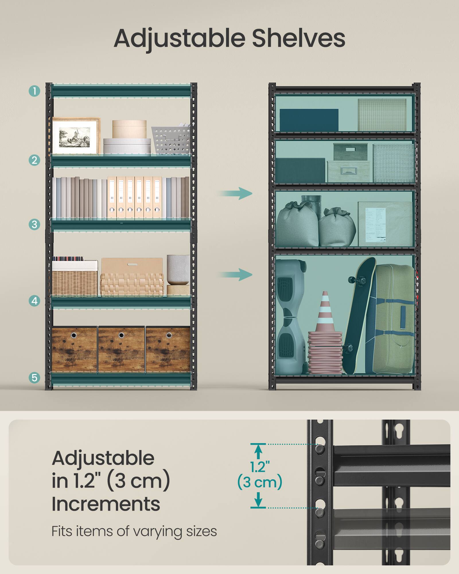 Adjustable Shelves

1. Adjustable in 1.2" (3 cm) Increments
2. Fits items of varying sizes

Adjustable in 1.2" (3 cm) Increments
Fits items of varying sizes