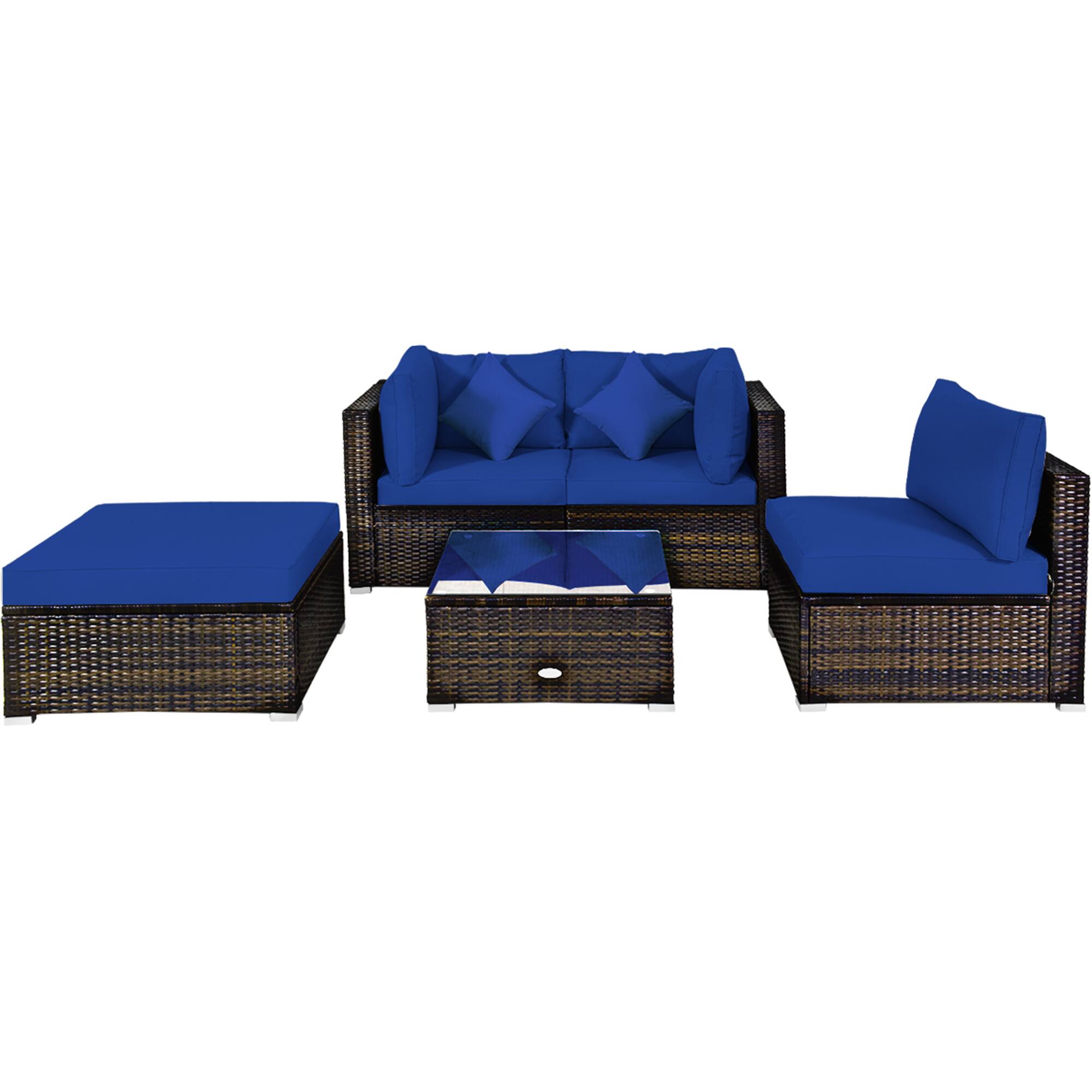 Alt View 7. Gymax - Gymax 5PC Rattan Patio Conversation Set Outdoor Furniture Set w/ Ottoman Cushion - Navy.