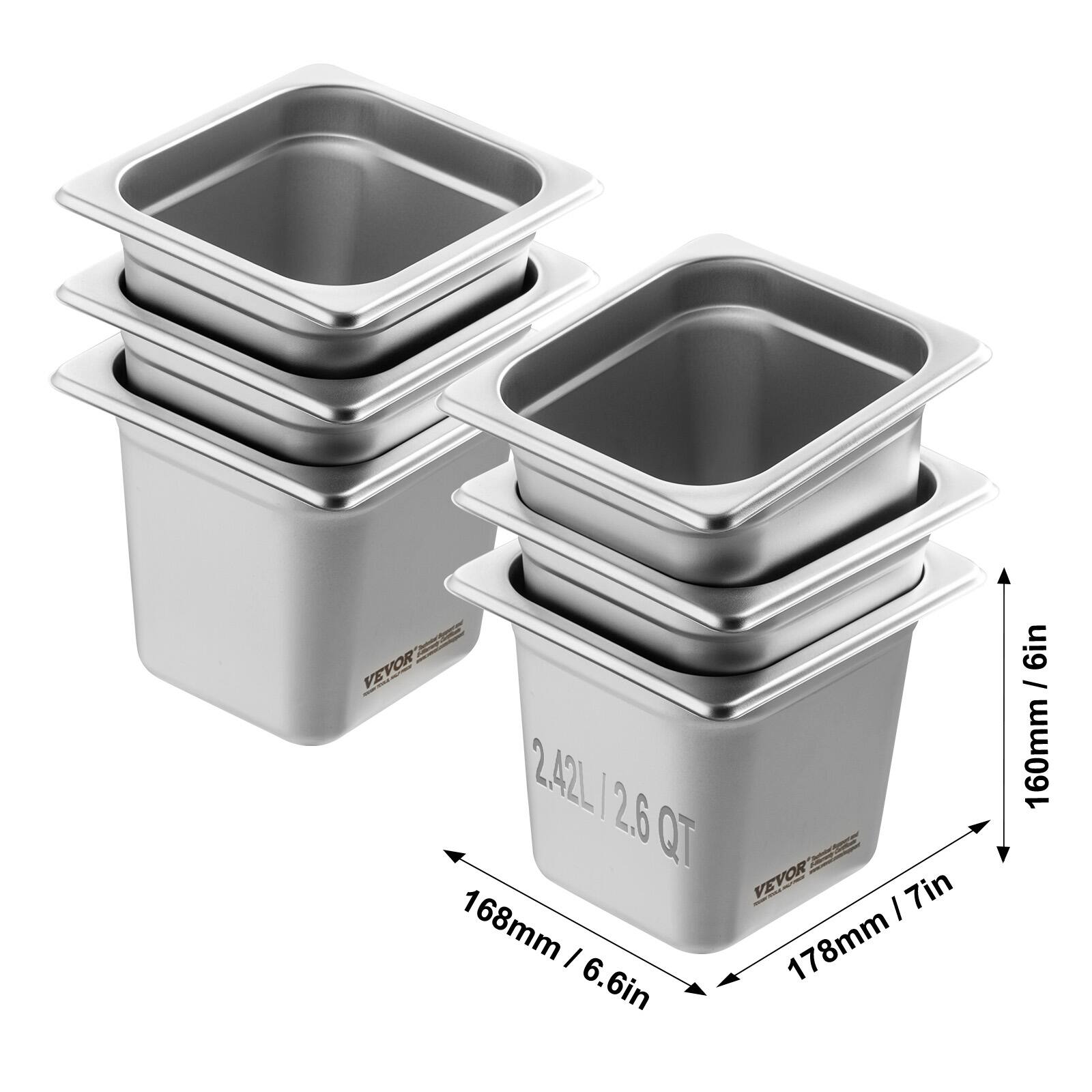 VEVOR  
2.42L / 2.6 QT  
168mm / 6.6in  
178mm / 7in  
160mm / 6in