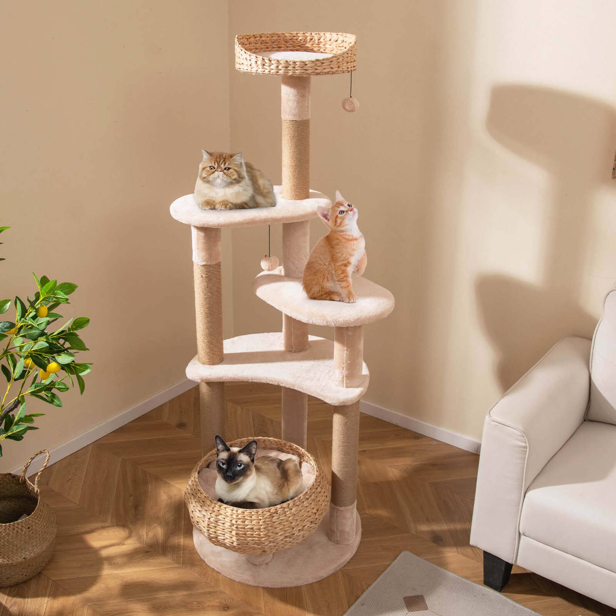 Alt View 1. Costway - Costway 65" Cattail Cat Tower with Jute Scratching Posts Perch Basket Bed Dangling Balls - Beige,Natural.