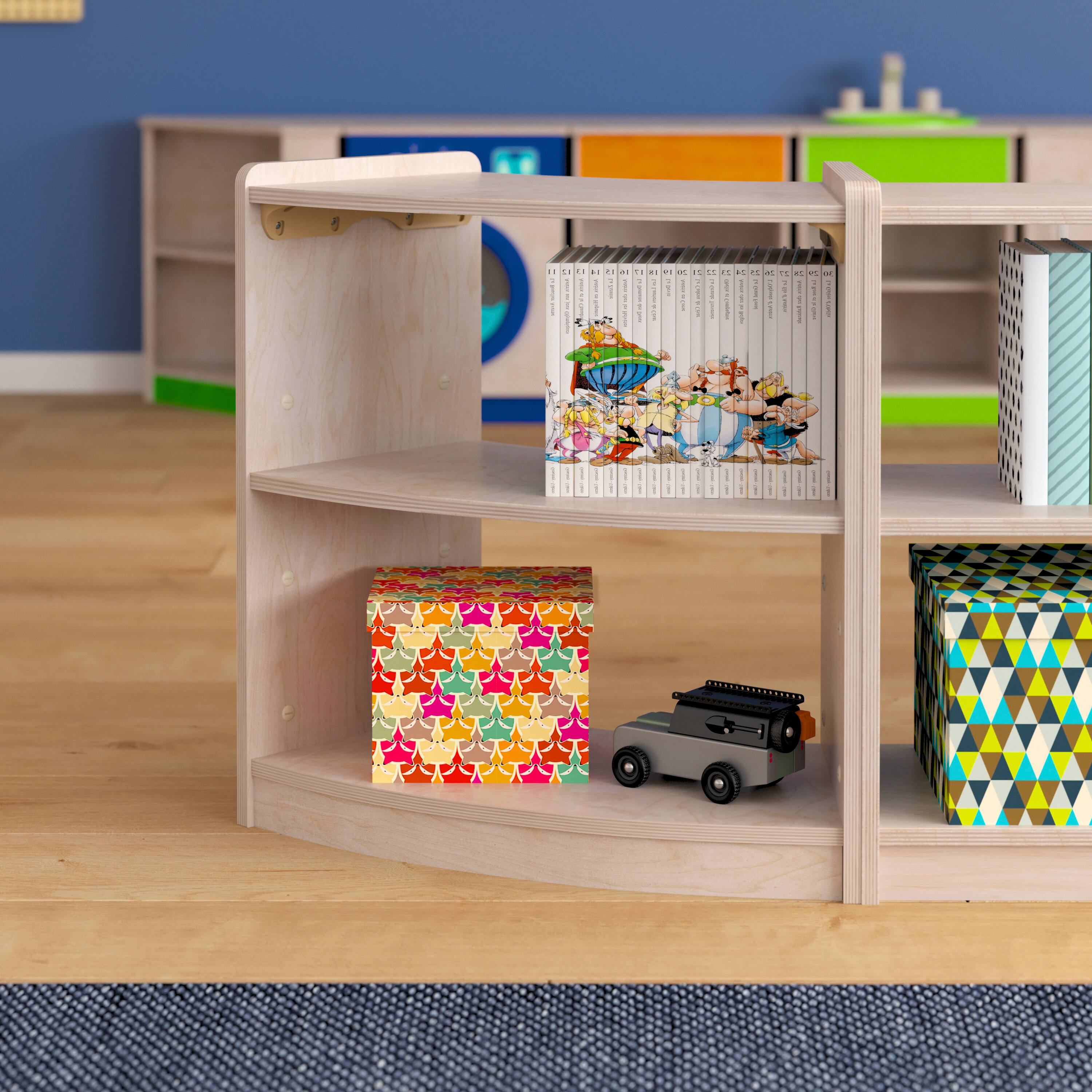 Alt View 3. Flash Furniture - Bright Beginnings Commercial Grade Bow Front 2 Tier Wooden Classroom Open Corner Storage Unit, Safe, Kid Friendly Design - Natural.
