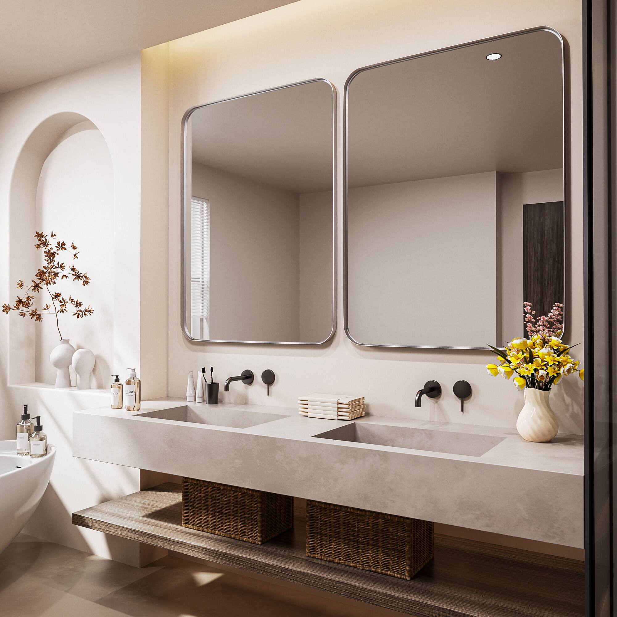 Alt View 12. LOVMOR - Tempered Glass Rounded Rectangle Framed Wall-Mounted Bathroom Vanity Mirror - 40" x 30" - Silver.