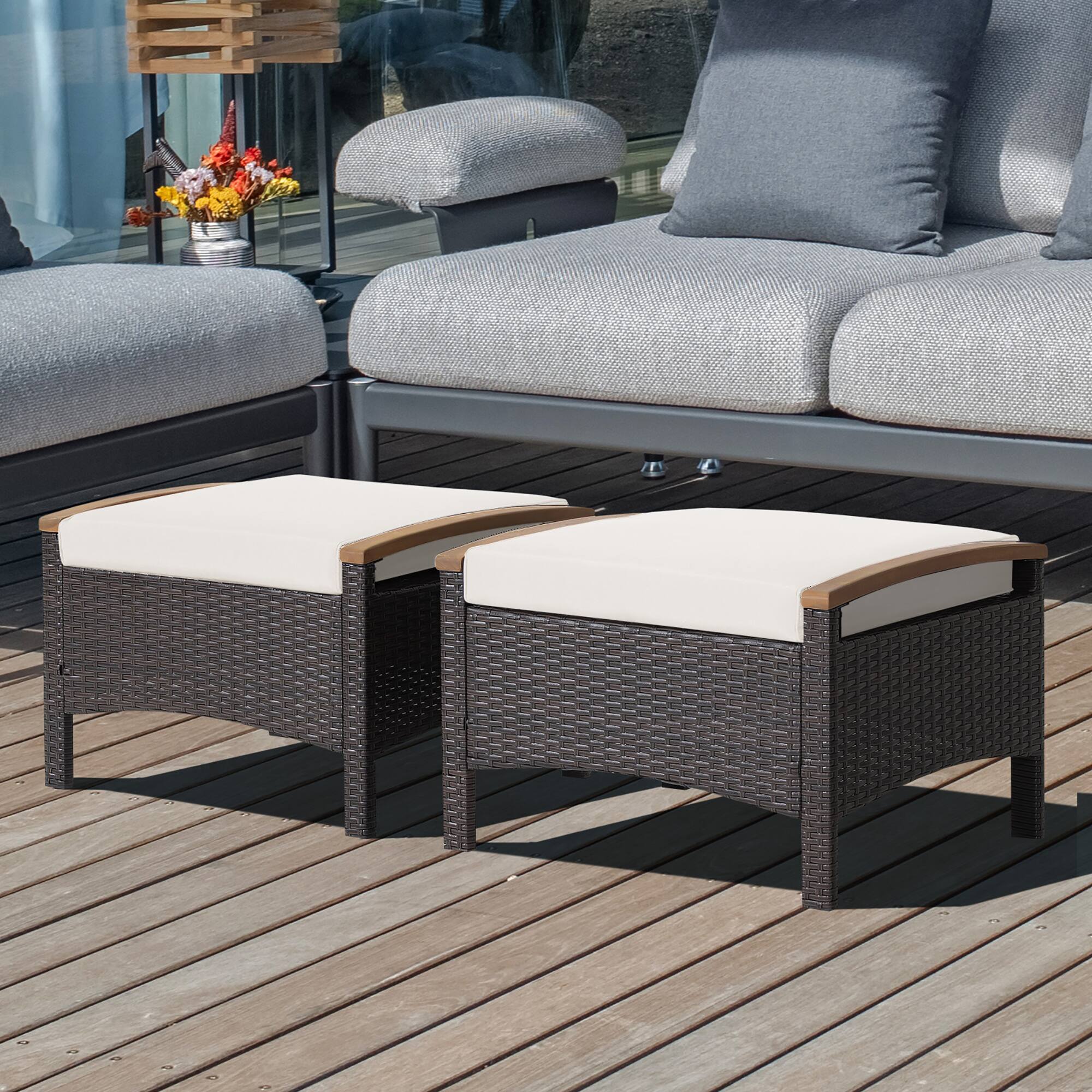 Alt View 1. Costway - Costway Set of 2 Patio Rattan Ottoman Footrest Cushions Wooden Handle - Mix Brown,Off White.