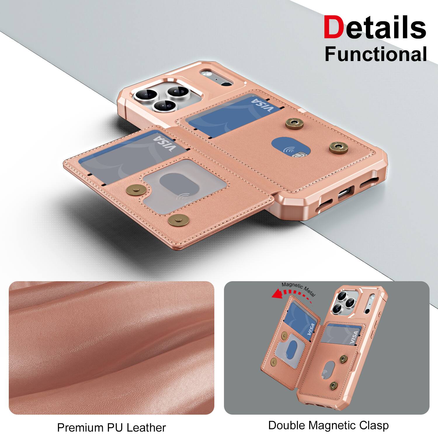 Details  
Functional  

Premium PU Leather  

Double Magnetic Clasp  

Magnetic Metal
