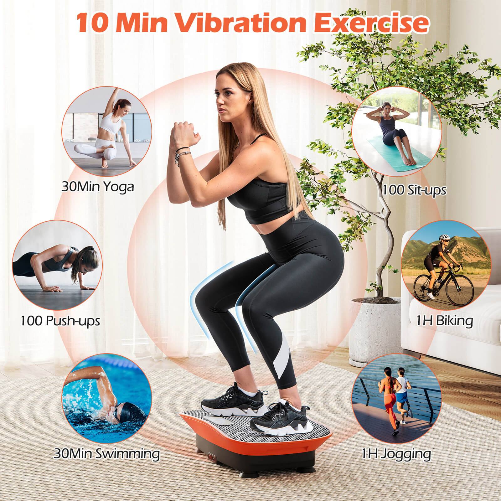 10 Min Vibration Exercise

- 30 Min Yoga
- 100 Sit-ups
- 100 Push-ups
- 1 H Biking
- 30 Min Swimming
- 1 H Jogging