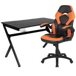 Emma + Oliver - Gaming Desk Bundle - Cup/Headphone Holders, Wire Management - Orange