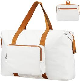 Quick Deer - 60L Foldable Travel Duffel Bag, Large Carry On Luggage Tote for Gym, Weekender, Overnight & Hospital Bag - White & Brown