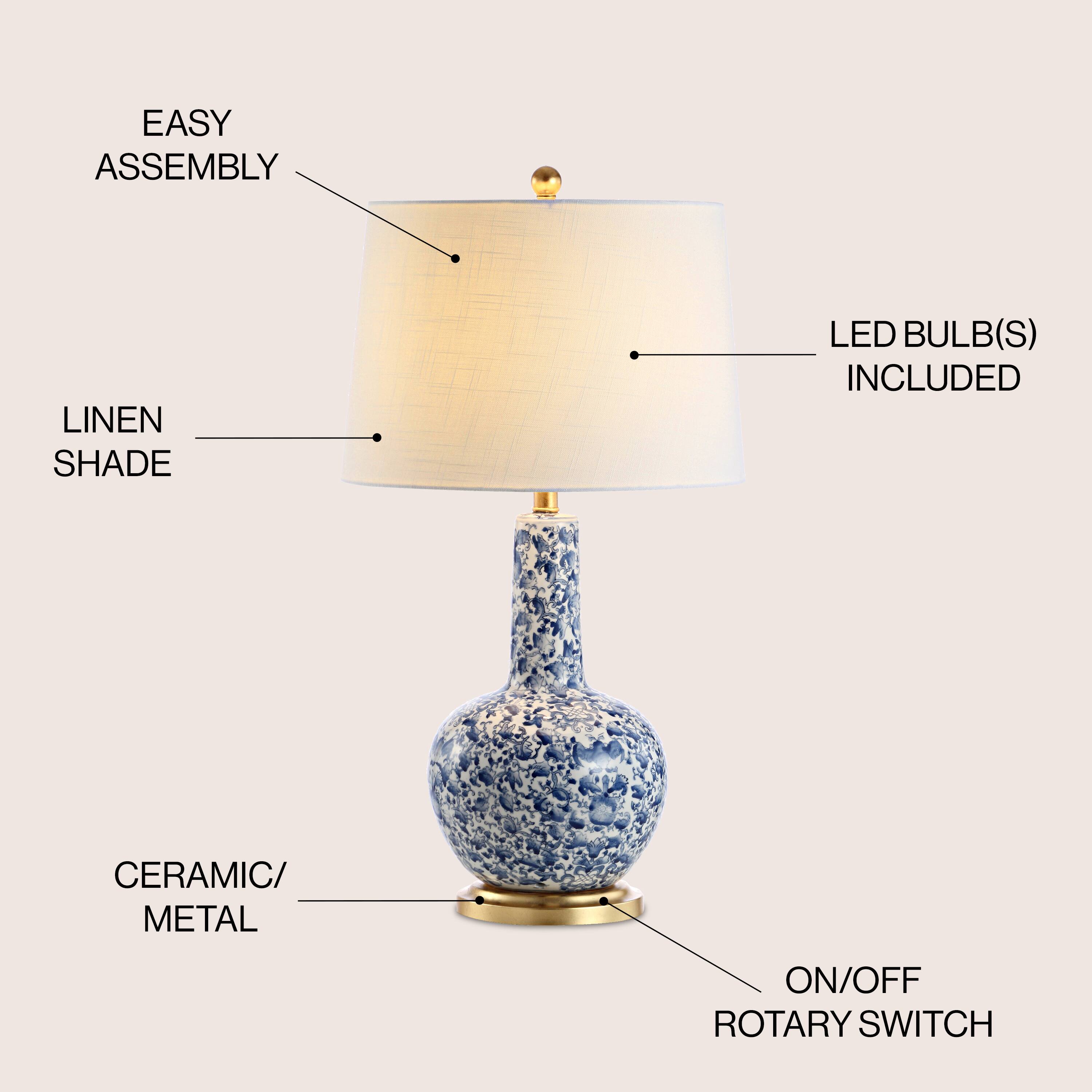 - EASY ASSEMBLY
- LINEN SHADE
- LED BULB(S) INCLUDED
- CERAMIC/METAL
- ON/OFF ROTARY SWITCH