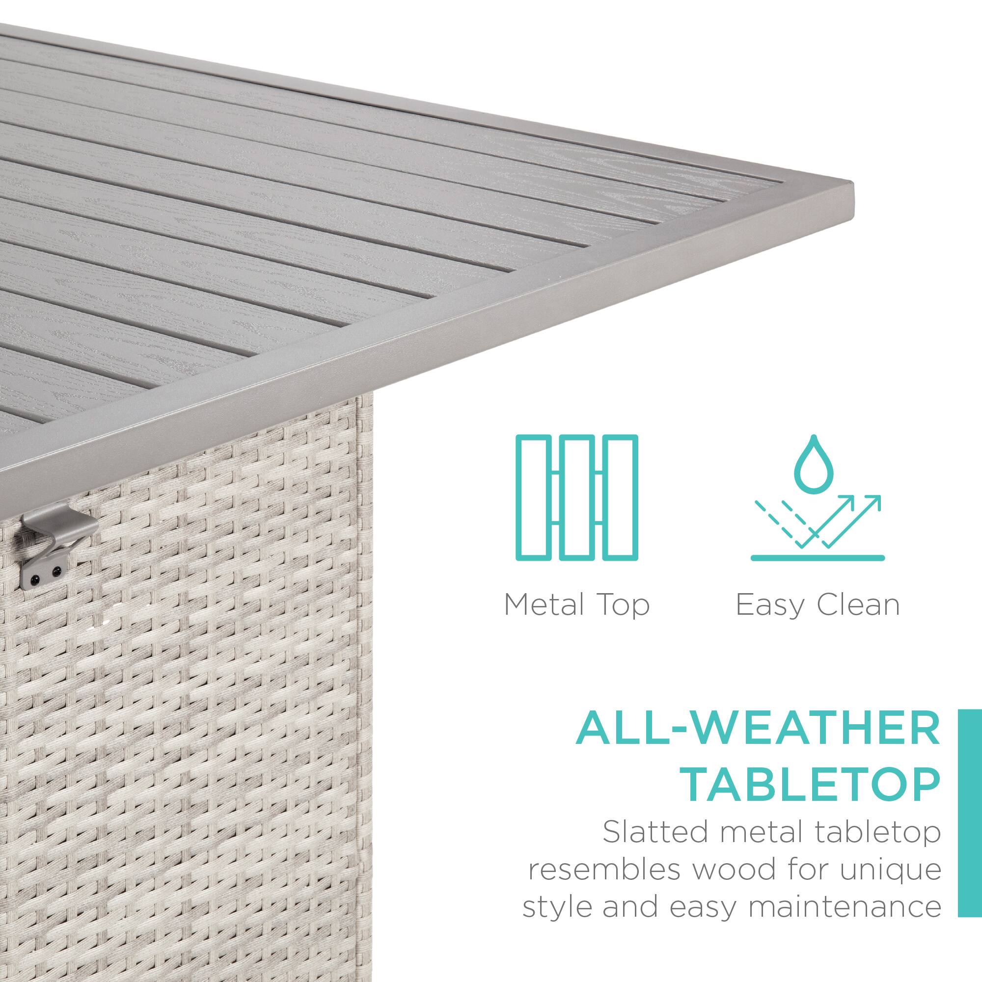 Metal Top  
Easy Clean  

ALL-WEATHER TABLETOP  
Slatted metal tabletop resembles wood for unique style and easy maintenance