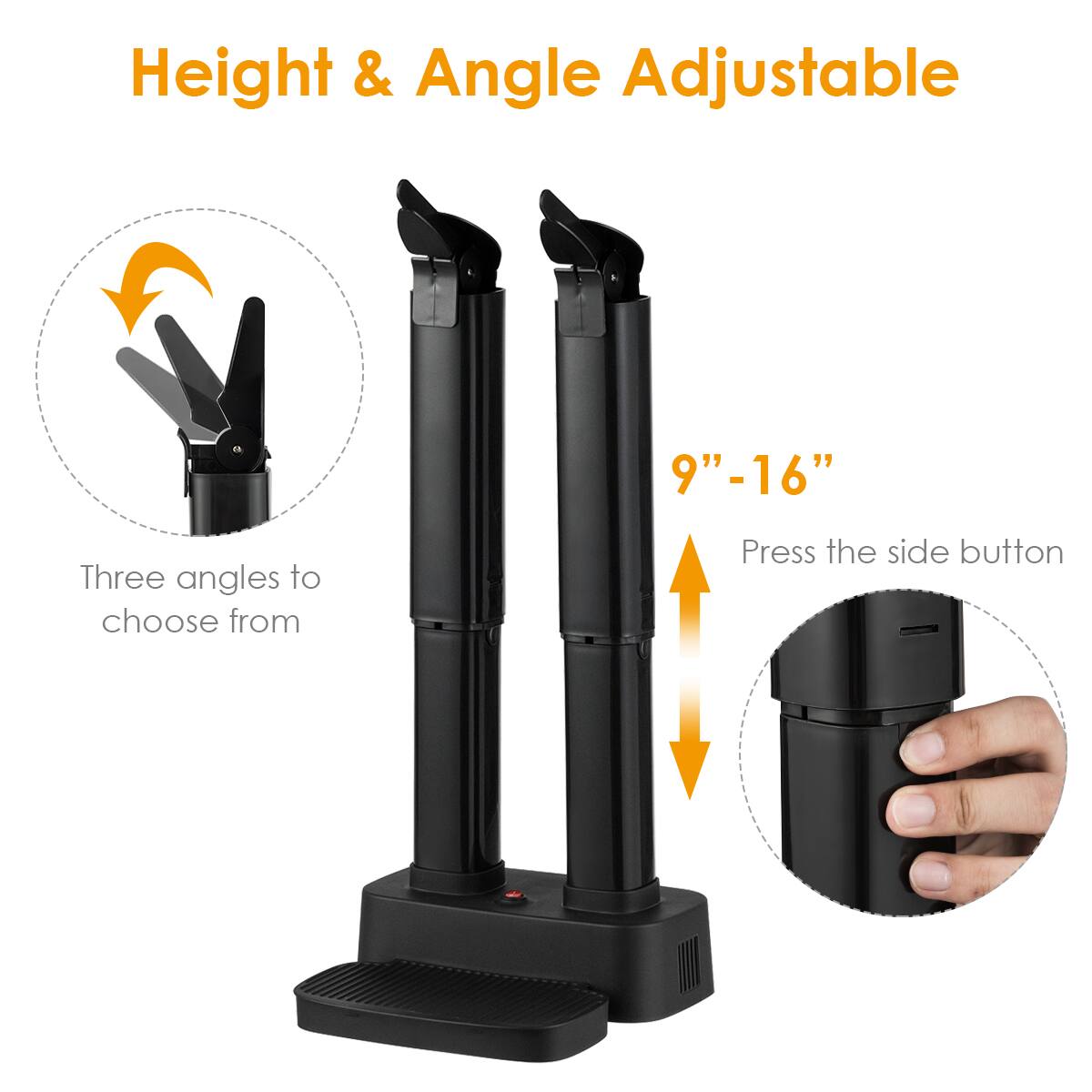 The image features a pair of black, adjustable stands that can be used for various purposes. The stands have a height adjustment of 9"-16" and can be tilted at three different angles. To change the angle, simply press the side button. The stands are designed to provide stability and support for a variety of objects, making them a versatile addition to any workspace or home.