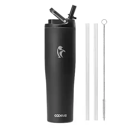 Front. Coolflask - Slim Tumbler Stainless Steel with Straw & Handle - Fits Car Cup Holder - 40oz Black.