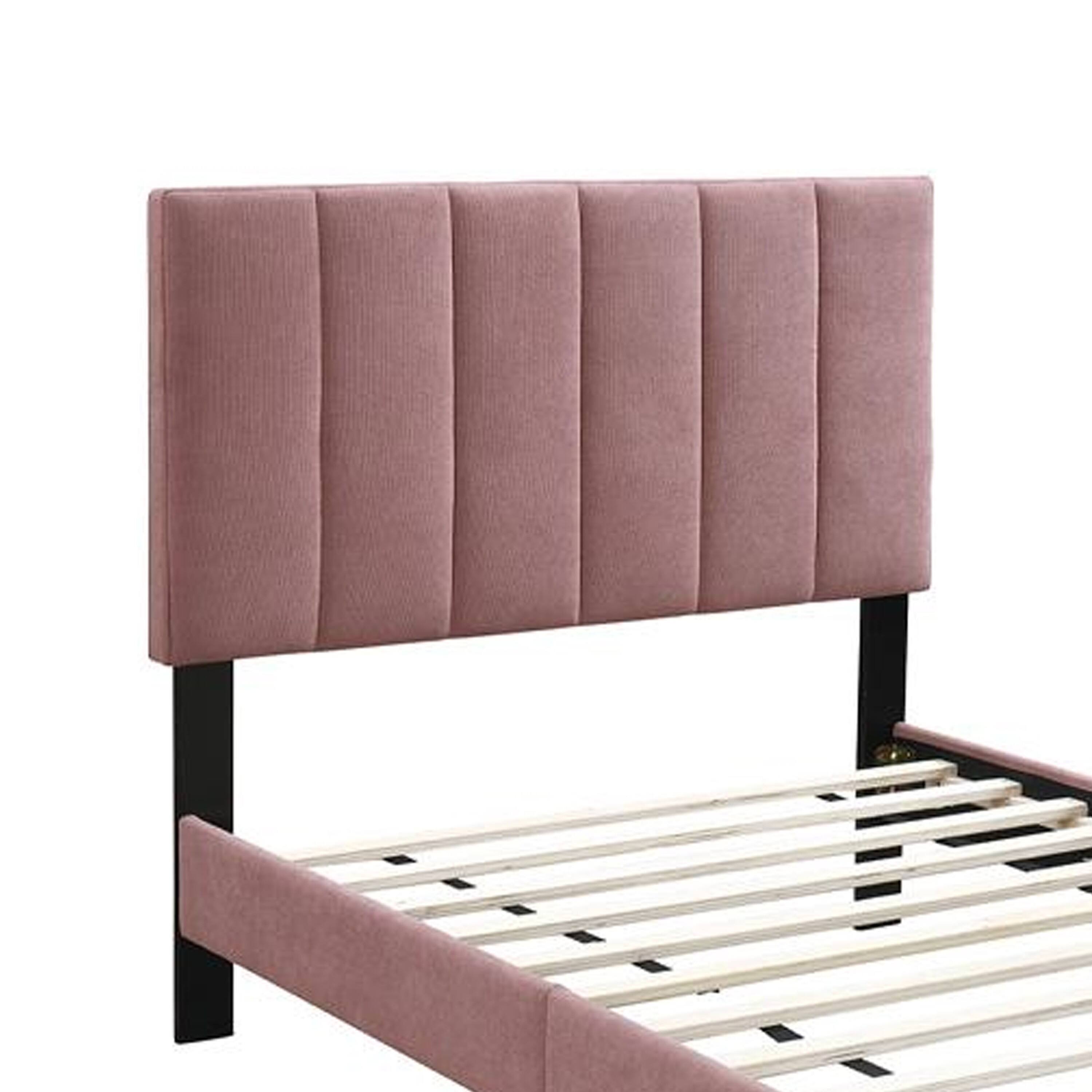 Left. Manhattan Lane - Lilian Full Size Bed, Blush Pink Linen Upholstery, Channel Tufted - Pink, Black.