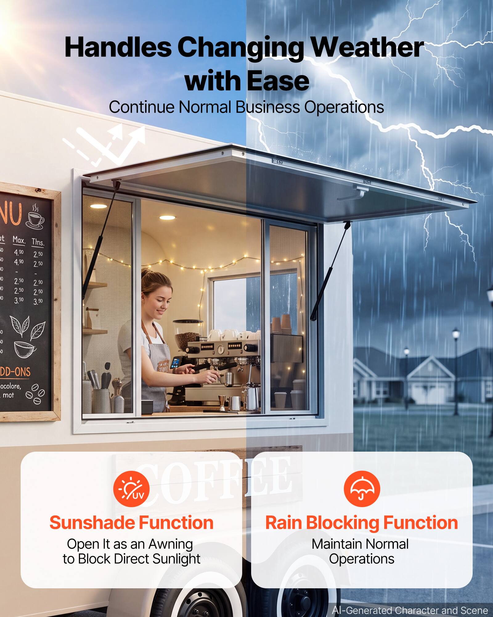 Handles Changing Weather with Ease  
Continue Normal Business Operations  

BT 5 NU  
Max. Thns  
4.00 2.50 2  
4.90 2.50  
E I e E 2.50 2.50  
E 2.50 2.50  
e 3.50 3.50  

DD-ONS  
ocolore, mot  

Sunshade Function  
Open It as an Awning to Block Direct Sunlight  

Rain Blocking Function  
Maintain Normal Operations  

AI-Generated Character and Scene