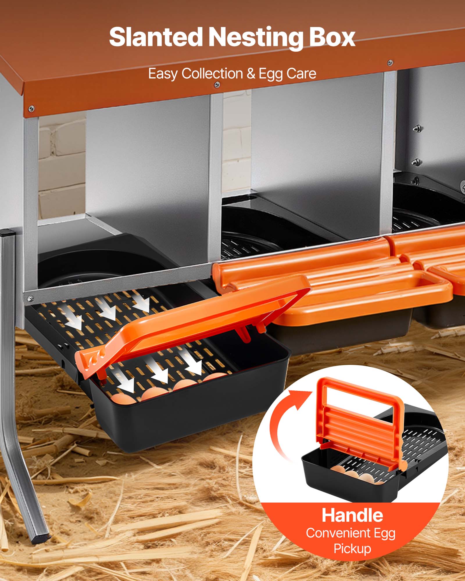 Slanted Nesting Box  
Easy Collection & Egg Care  

Handle  
Convenient Egg Pickup