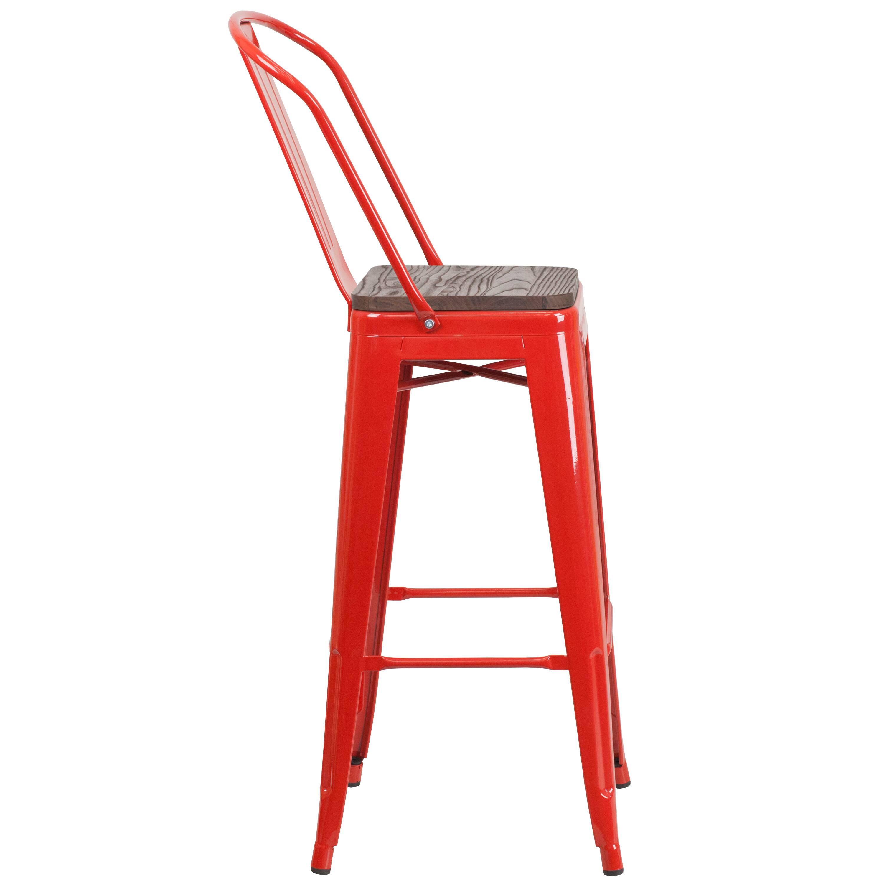 Alt View 4. Emma + Oliver - 30"H Metal Dining Barstool with Back and Square Wood Seat - Red.