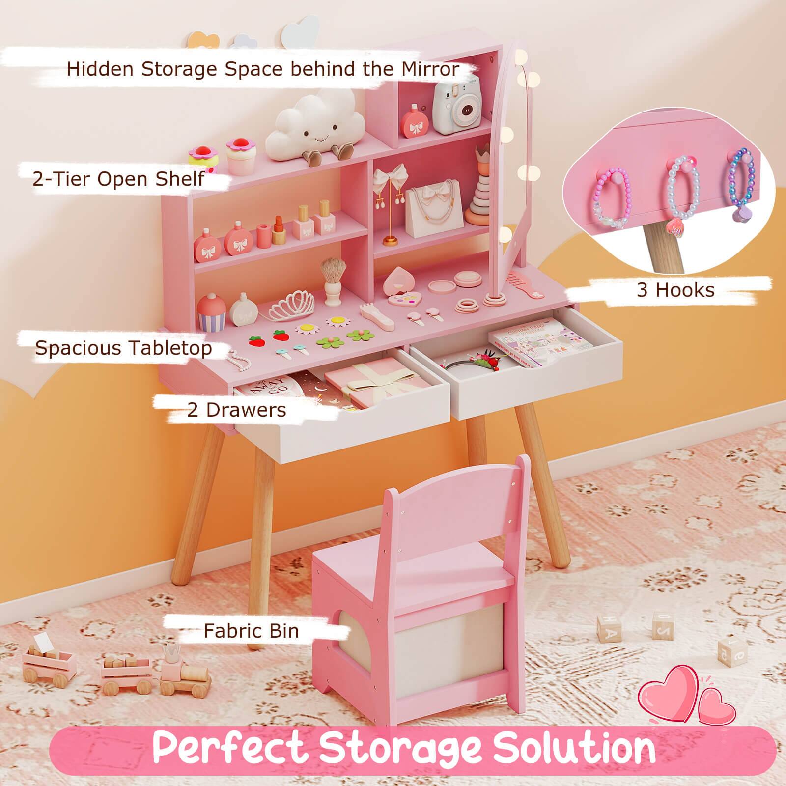 Hidden Storage Space behind the Mirror  
2-Tier Open Shelf  
Spacious Tabletop  
2 Drawers  
3 Hooks  
Fabric Bin  
Perfect Storage Solution