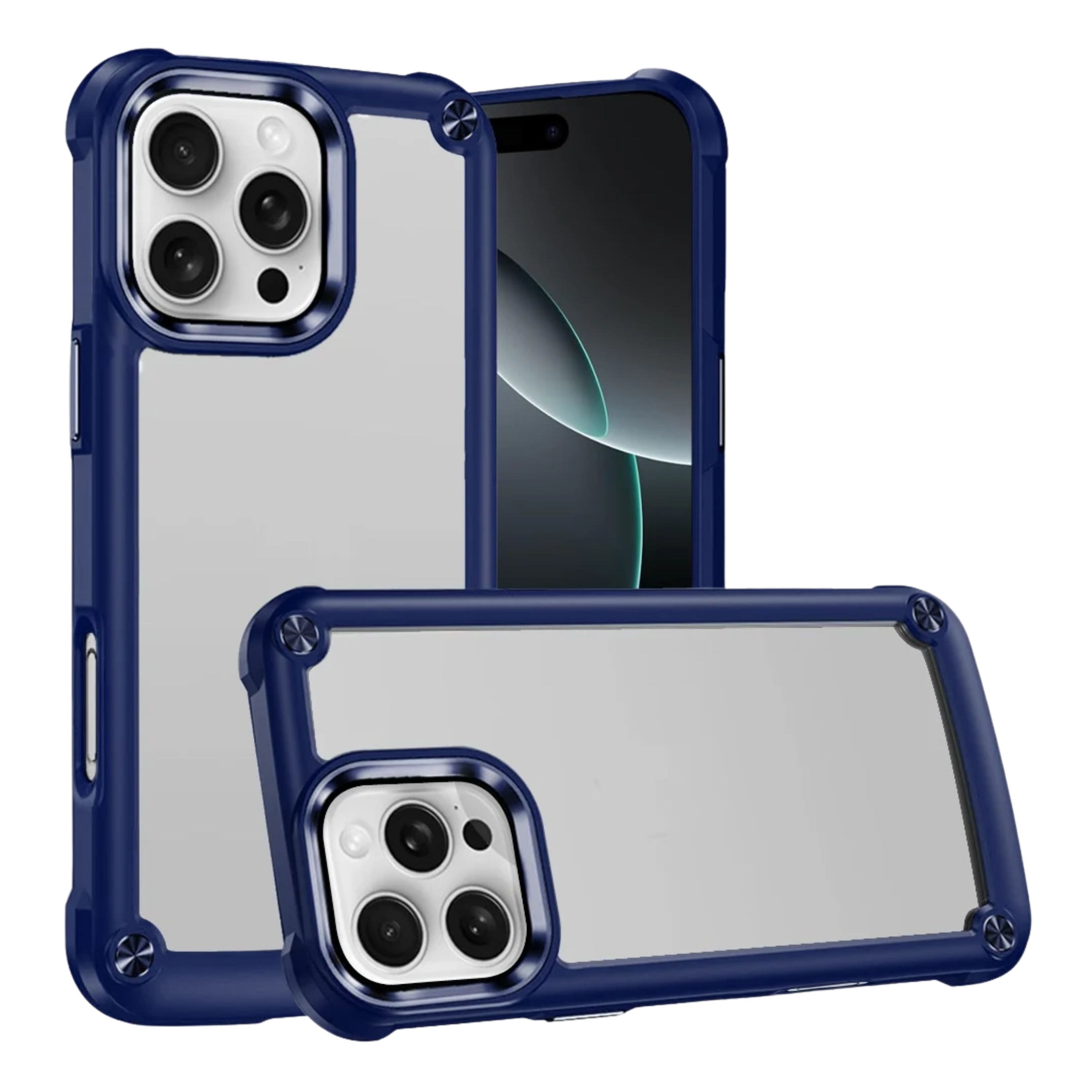 Kitcheniva - Raised Camera Lip Metal Buttons Phone Case With Tempered Glass For iPhone 16 Pro - Blue
