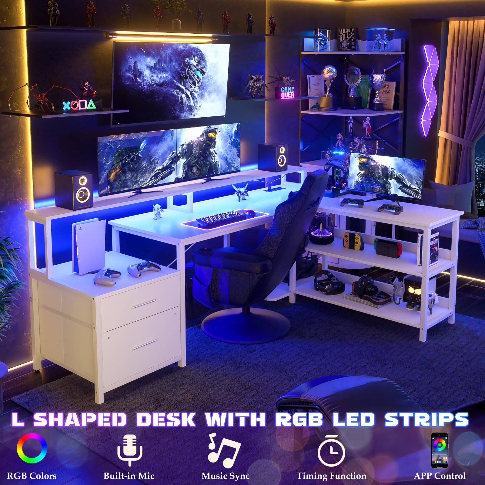 L SHAPED DESK WITH RGB LED STRIPS  
RGB Colors  
Built-in Mic  
Music Sync  
Timing Function  
APP Control